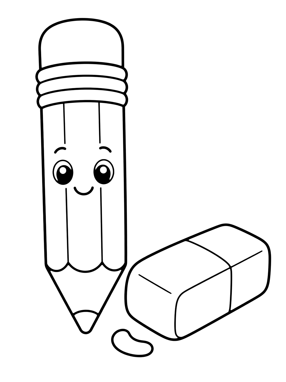 Disegno da colorare con il motivo "matita e gomma" con una grande matita e semplici dettagli scolastici. Adatto a bambini, scuola, stampa e colorazione online.