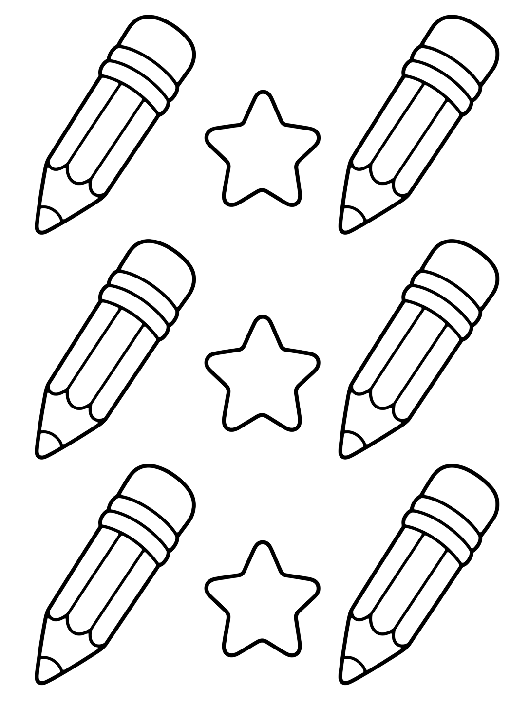 pencil pattern coloring page with a roomy repeating pattern of six large pencils arranged in a neat loose grid, with three large stars between them for kids