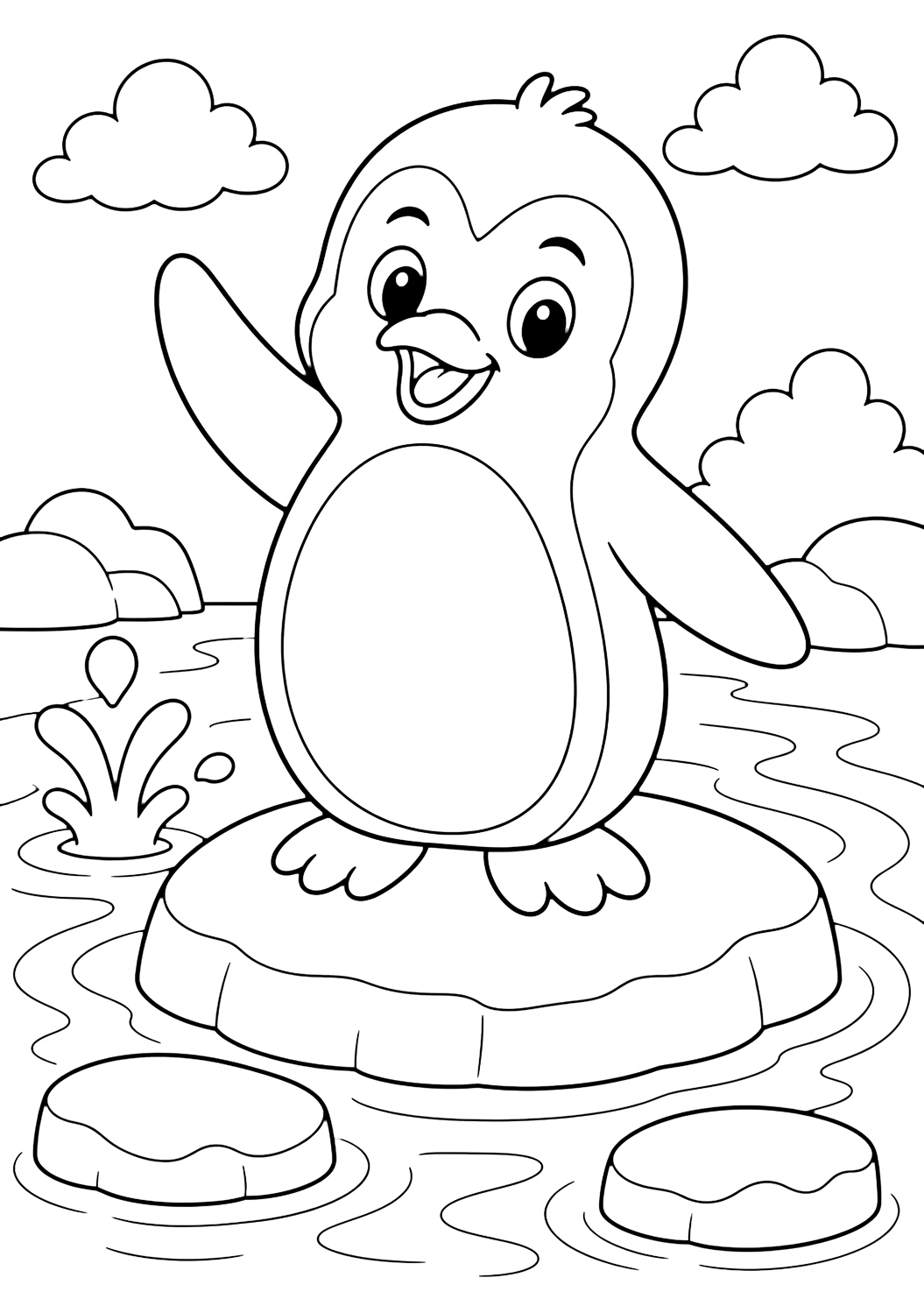 página para colorear de póster de pingüino del zoológico, póster de animales del zoológico imprimible y sencillo para niños
