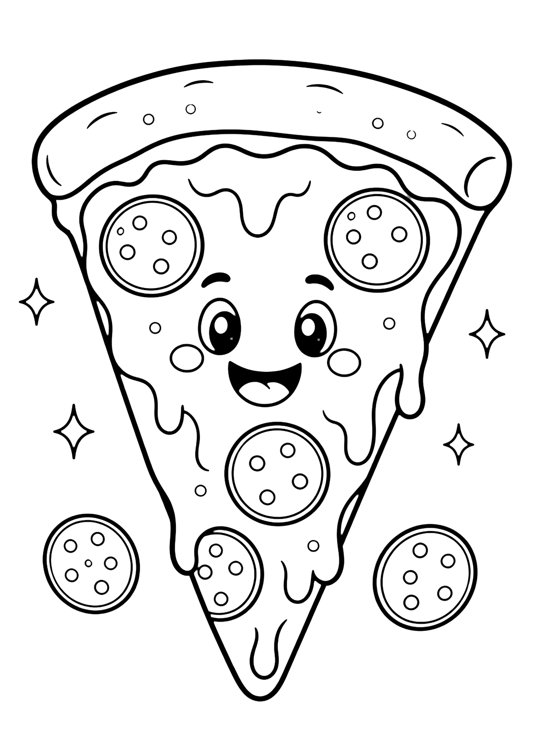 Disegno di snack da colorare con una grande fetta triangolare di pizza sorridente con crosta spessa, pepperoni rotondi, semplici gocce di formaggio, due pepperoni sparsi e scintille. Adatto a bambini, stampa e colorazione online.