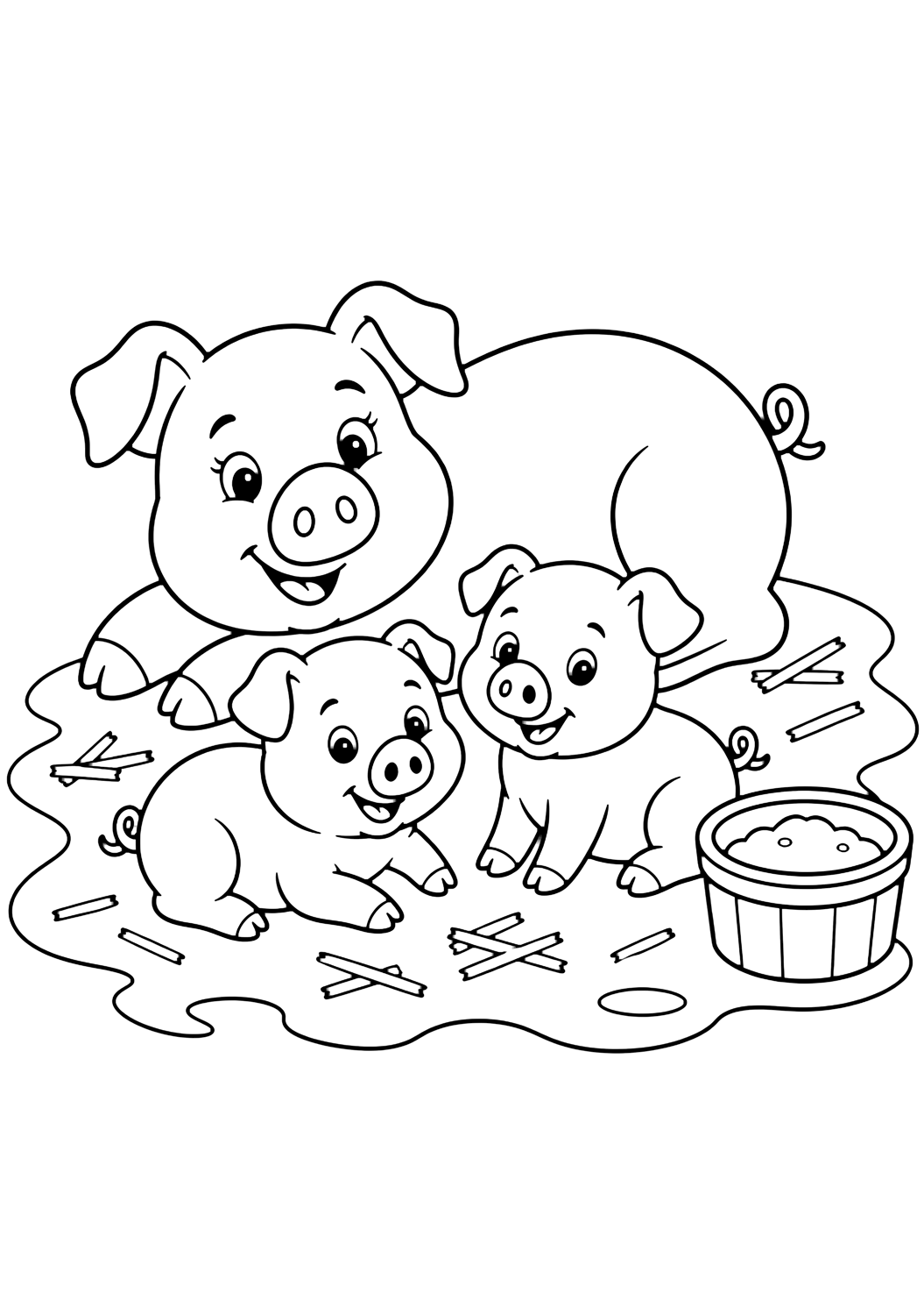 pig and piglets family coloring page with simple farm family line art for kids