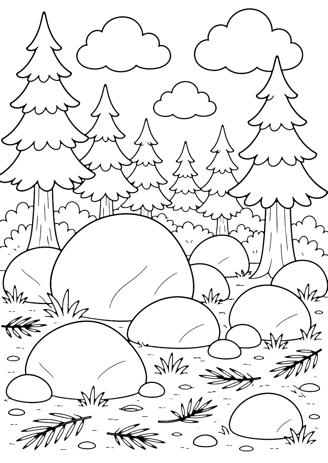 Dibujo para colorear de bosque de pinos con varias rocas grandes y redondeadas entre pinos altos, parches sencillos de hierba, formas amplias de agujas de pino, nubes amplias y cielo abierto. Ideal para niños, naturaleza, impresión y coloreado online.