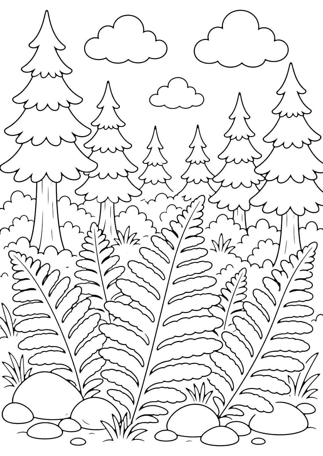 Coloriage de forêt de pins avec plusieurs grandes feuilles de fougère au premier plan avec de grands pins derrière, des pierres arrondies, de simples formes au sol, de larges nuages et un ciel ouvert. Idéal pour enfants, nature, impression et coloriage en ligne.