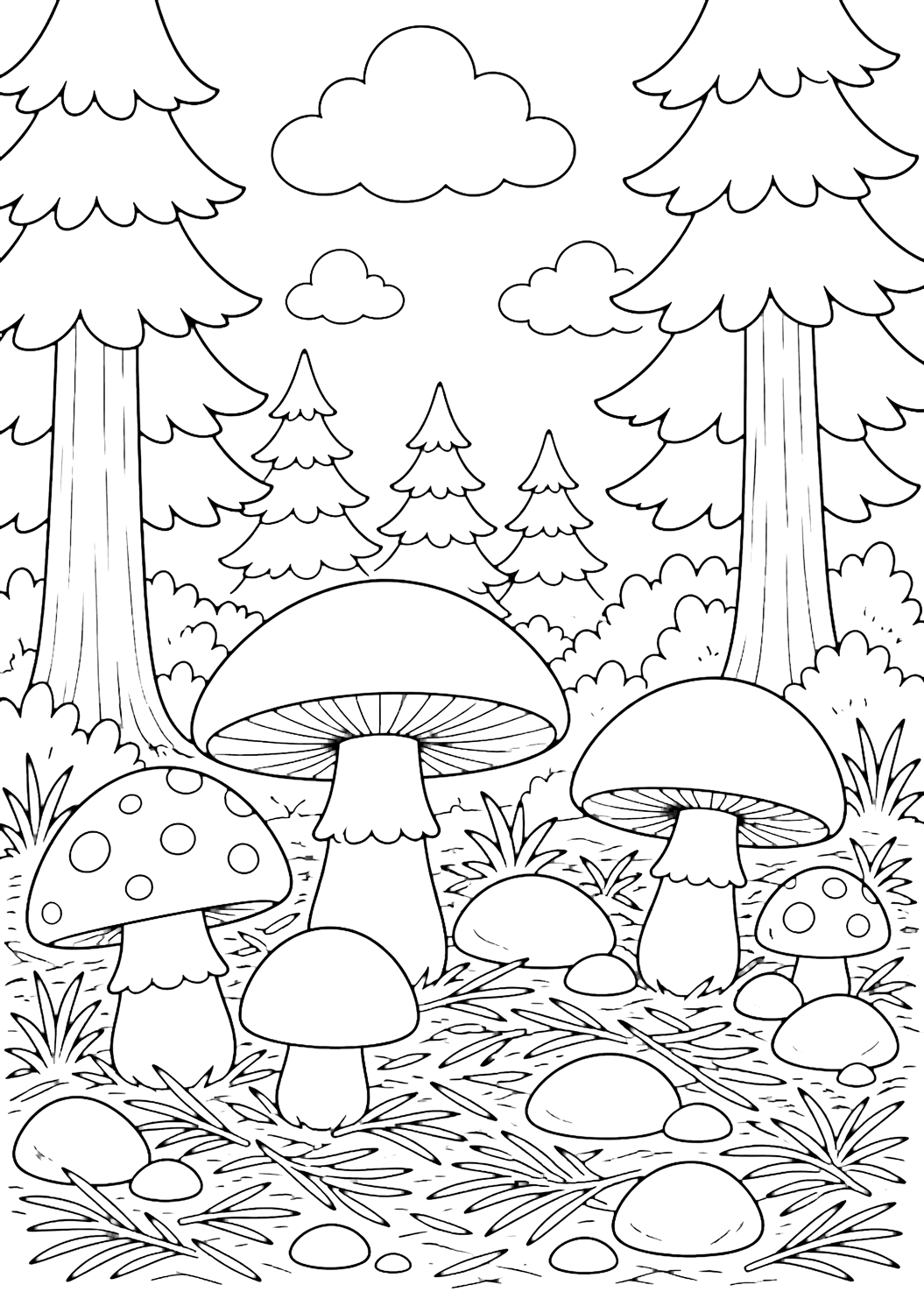 Coloriage de forêt de pins avec plusieurs grands champignons simples au pied de grands pins, de larges formes d'aiguilles de pin au sol, des pierres arrondies, de larges nuages et un ciel ouvert. Idéal pour enfants, nature, impression et coloriage en ligne.