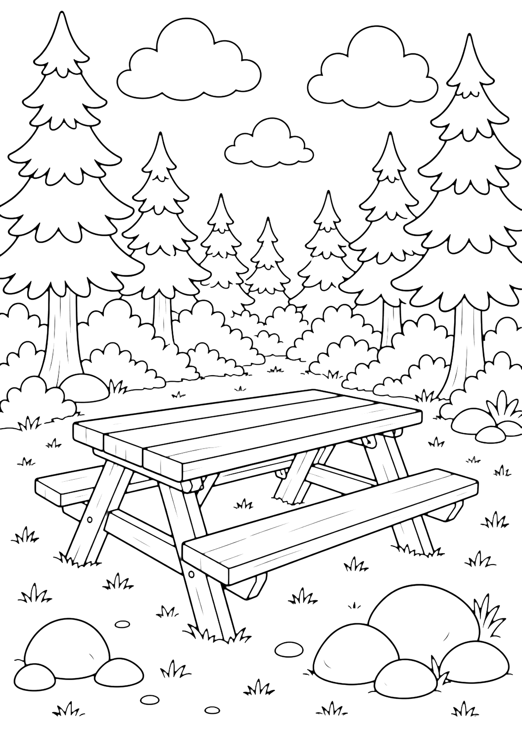 Coloriage de forêt de pins avec une table de pique-nique en bois vide dans une clairière de forêt de pins, entourée de grands pins, de simples touffes d'herbe, de pierres arrondies, de larges nuages et d'un ciel ouvert. Idéal pour enfants, nature, impression et coloriage en ligne.