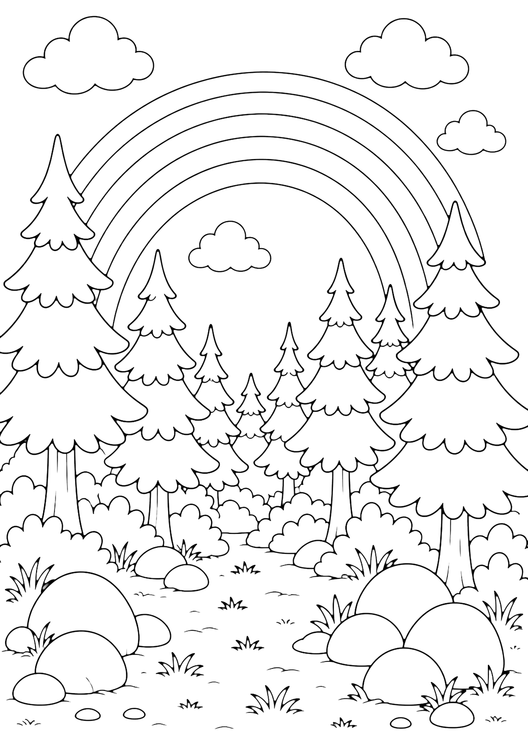 Coloriage de forêt de pins avec une forêt de pins avec un grand arc-en-ciel en contour au-dessus de grands pins, de larges bandes d'arc-en-ciel, des rochers arrondis, de simples formes d'herbe, de larges nuages et un ciel ouvert. Idéal pour enfants, nature, impression et coloriage en ligne.