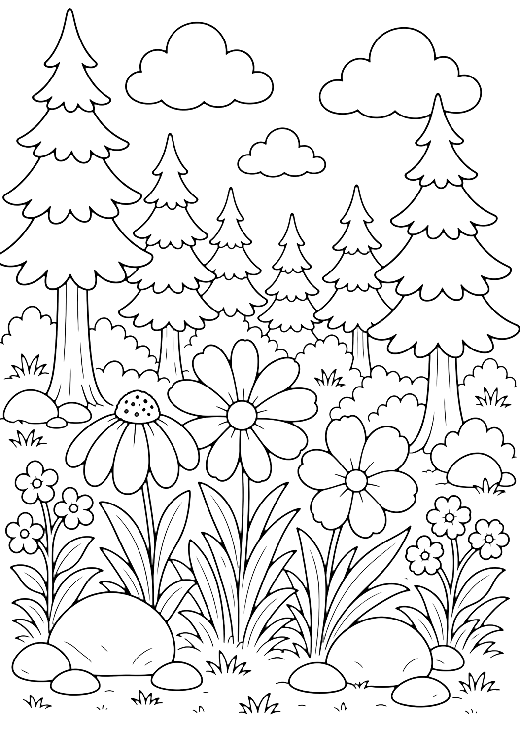 Coloriage de forêt de pins avec un petit groupe de grandes fleurs sauvages simples parmi les pins, avec de grands troncs de pins derrière, des pierres arrondies, de simples formes d'herbe, de larges nuages et un ciel ouvert. Idéal pour enfants, nature, impression et coloriage en ligne.