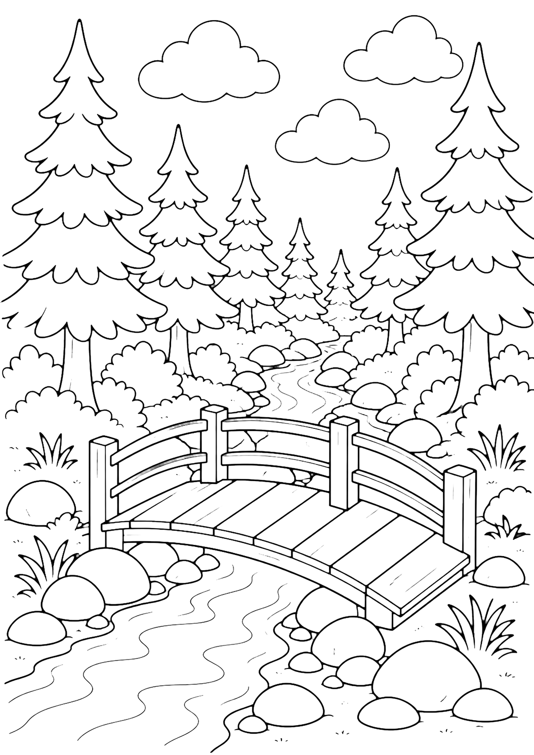 Coloriage de forêt de pins avec un petit pont en bois qui traverse un ruisseau étroit dans une forêt de pins, avec de grands pins autour, des pierres arrondies près de l'eau, de larges nuages et un ciel ouvert. Idéal pour enfants, nature, impression et coloriage en ligne.
