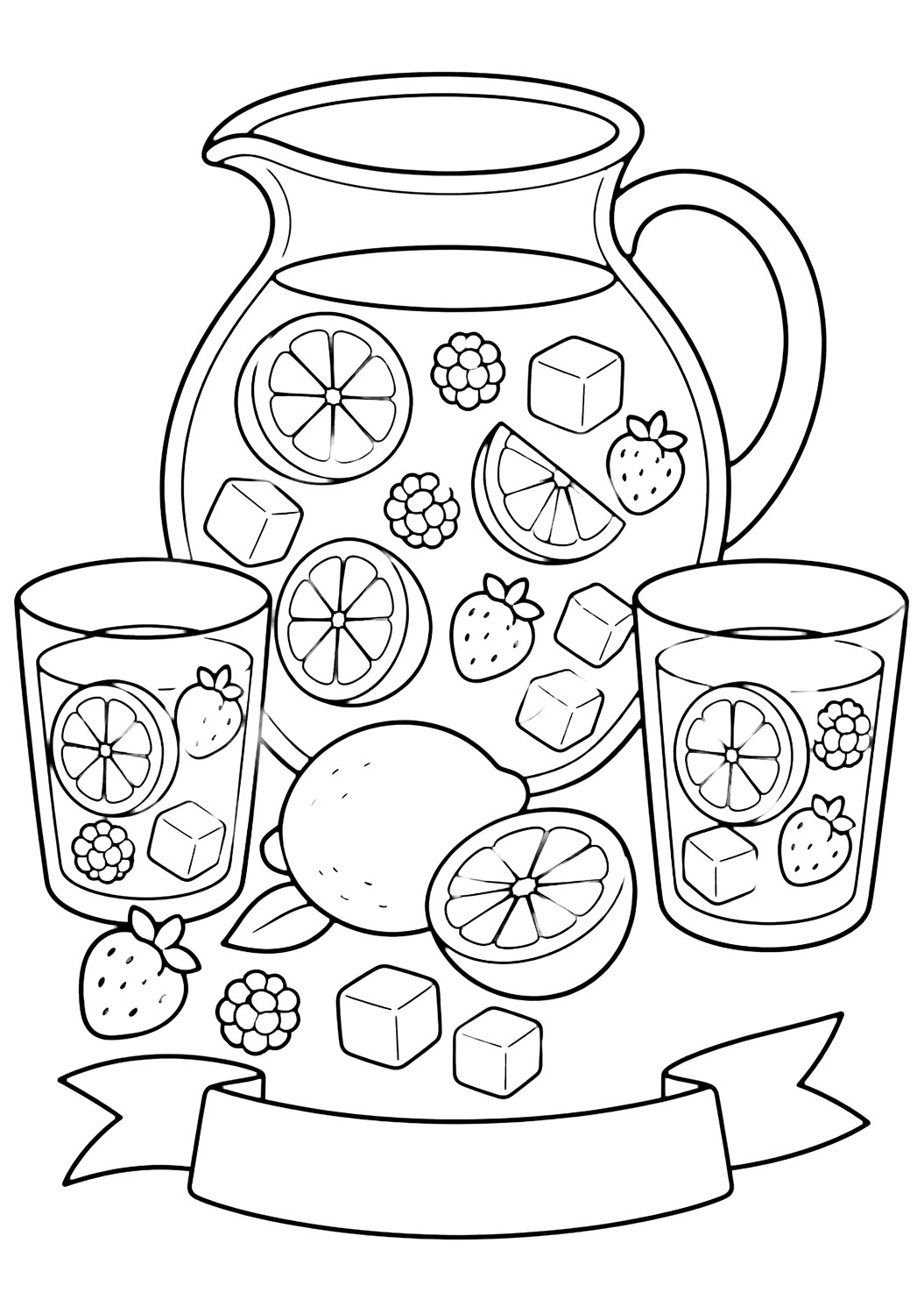 pink lemonade pitcher coloring page with simple lemonade line art for kids