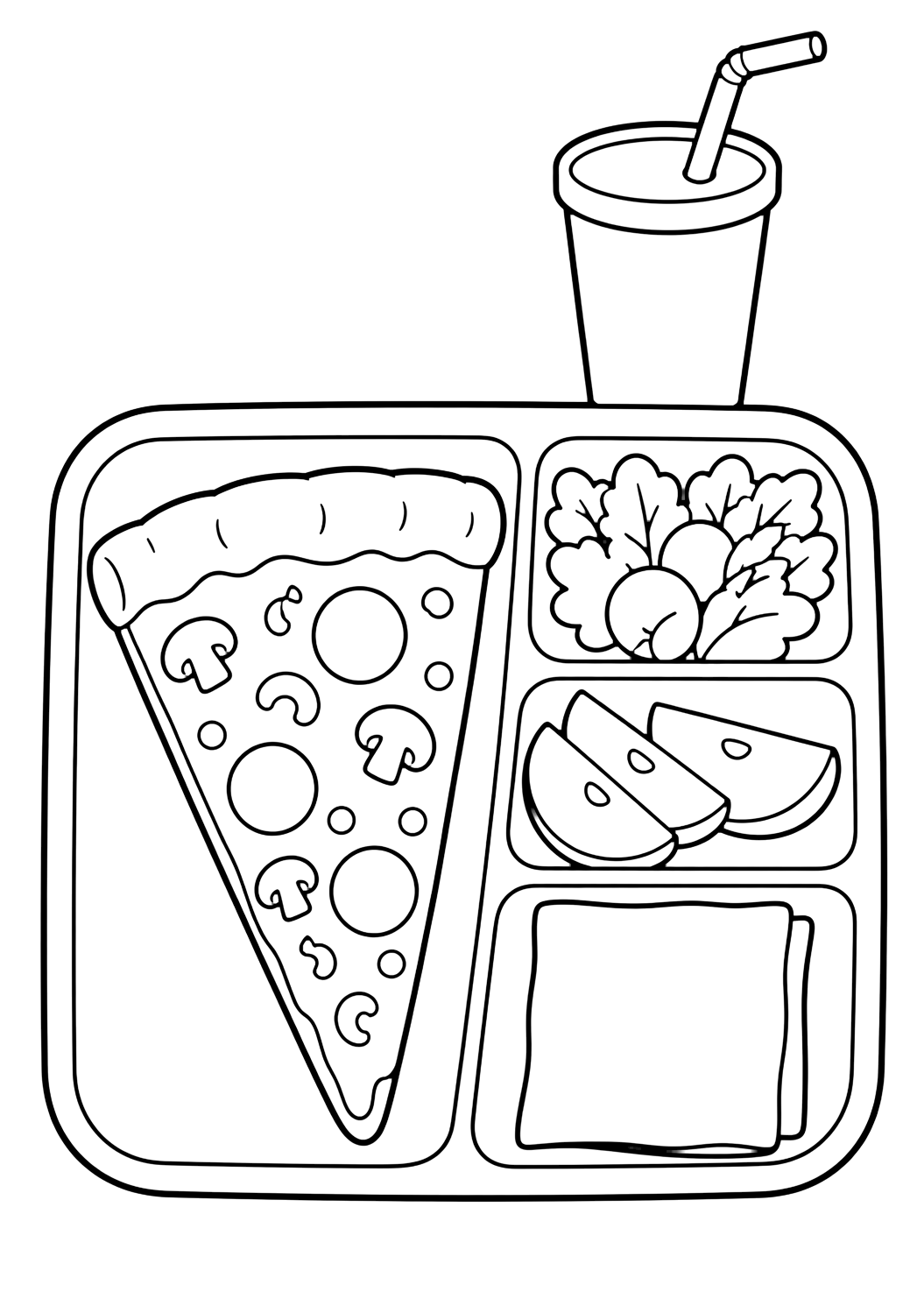 bölmeli basit öğle tepsisi, büyük üçgen pizza dilimi, yaprak şekilli küçük salata bölümü, elma dilimleri, boş peçete ve pipetli sade bardak içeren atıştırmalık boyama sayfası. Çocuklar, yazdırma ve çevrim içi boyama için uygundur.