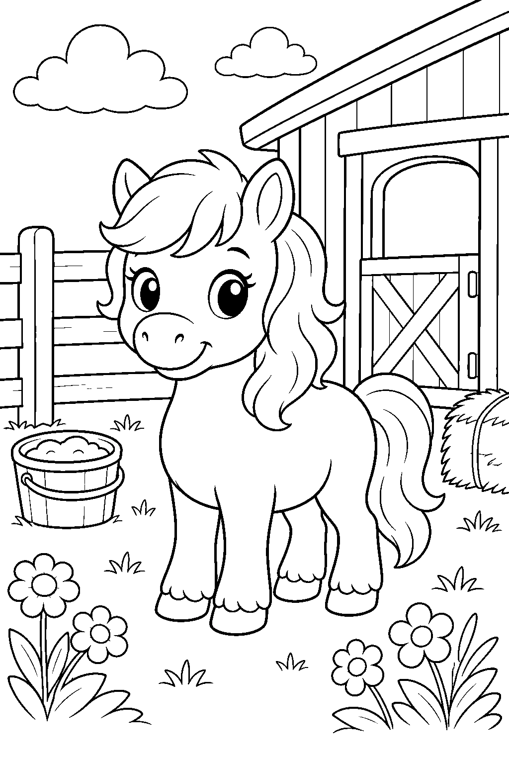Pony nel cortile della stalla da colorare