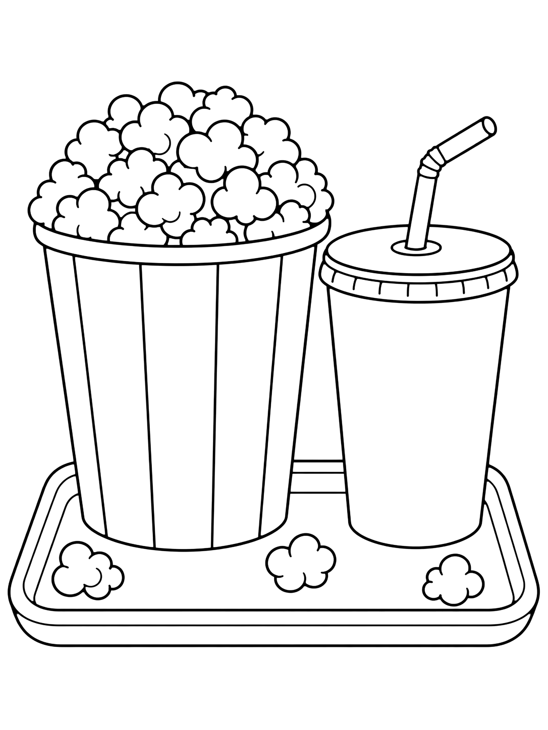 Disegno di popcorn da colorare con un grande bicchiere di popcorn senza testo pieno di pezzi soffici accanto a una bibita semplice con coperchio e cannuccia, un piccolo vassoio e popcorn sparsi. Adatto a bambini, stampa e colorazione online.