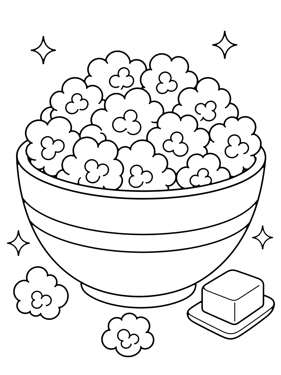 Disegno di popcorn da colorare con una grande ciotola rotonda piena di popcorn soffici, alcuni popcorn sparsi, un pezzetto di burro e semplici dettagli scintillanti. Adatto a bambini, stampa e colorazione online.