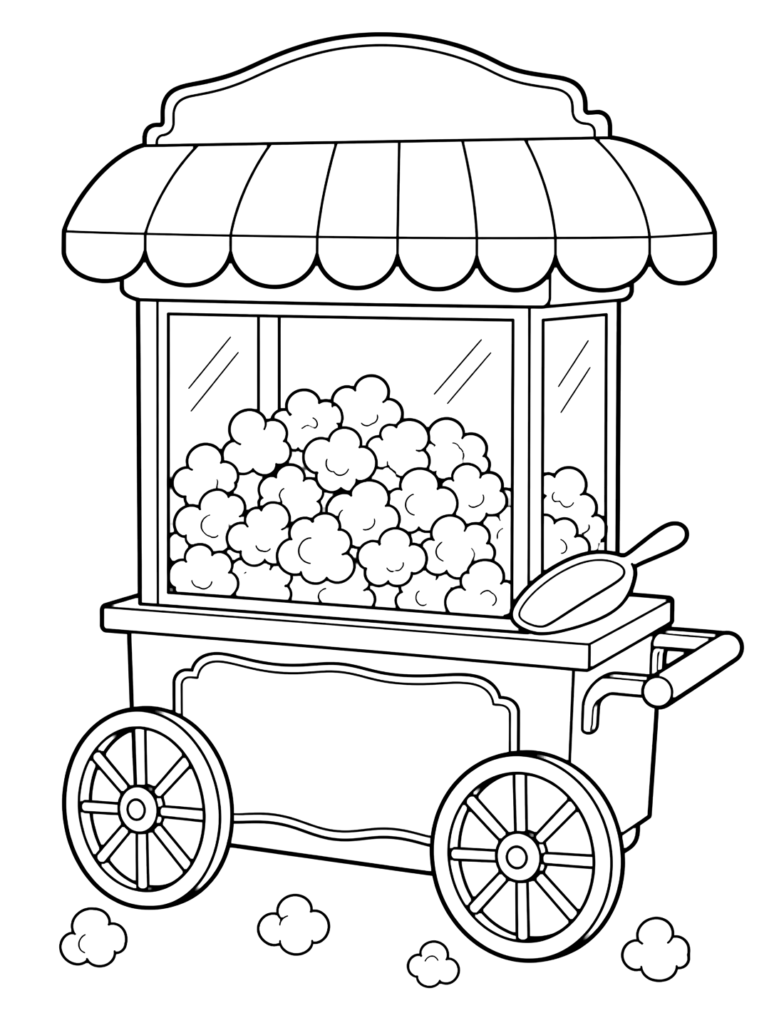 Disegno di popcorn da colorare con un piccolo carretto dei popcorn in stile antico con due grandi ruote, tendina vuota, vetrina piena di popcorn, paletta e alcuni popcorn sparsi. Adatto a bambini, stampa e colorazione online.