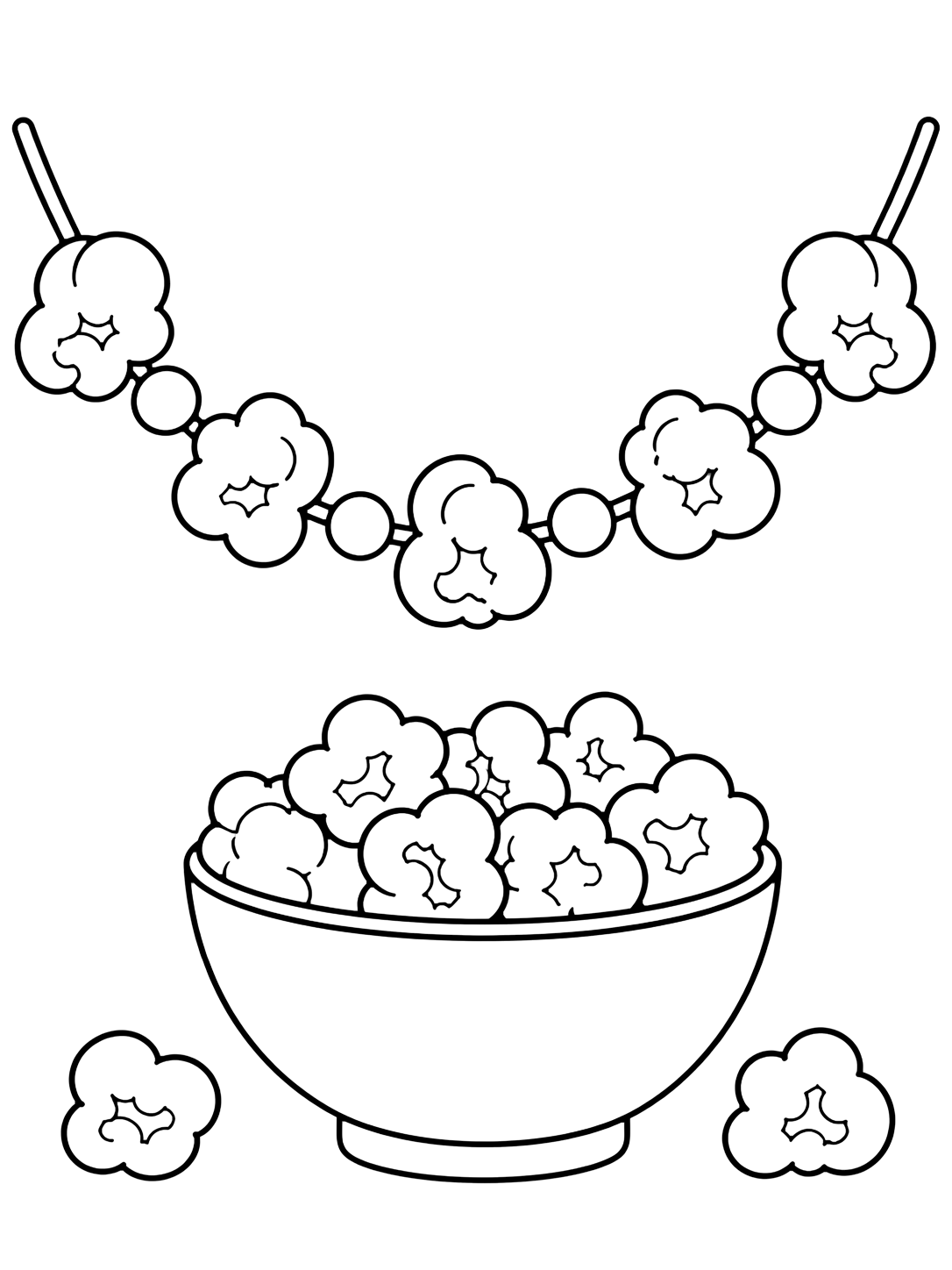 Disegno di popcorn da colorare con una ghirlanda curva fatta di grandi pezzi di popcorn e forme rotonde, con una semplice ciotola sotto e due popcorn sparsi. Adatto a bambini, stampa e colorazione online.
