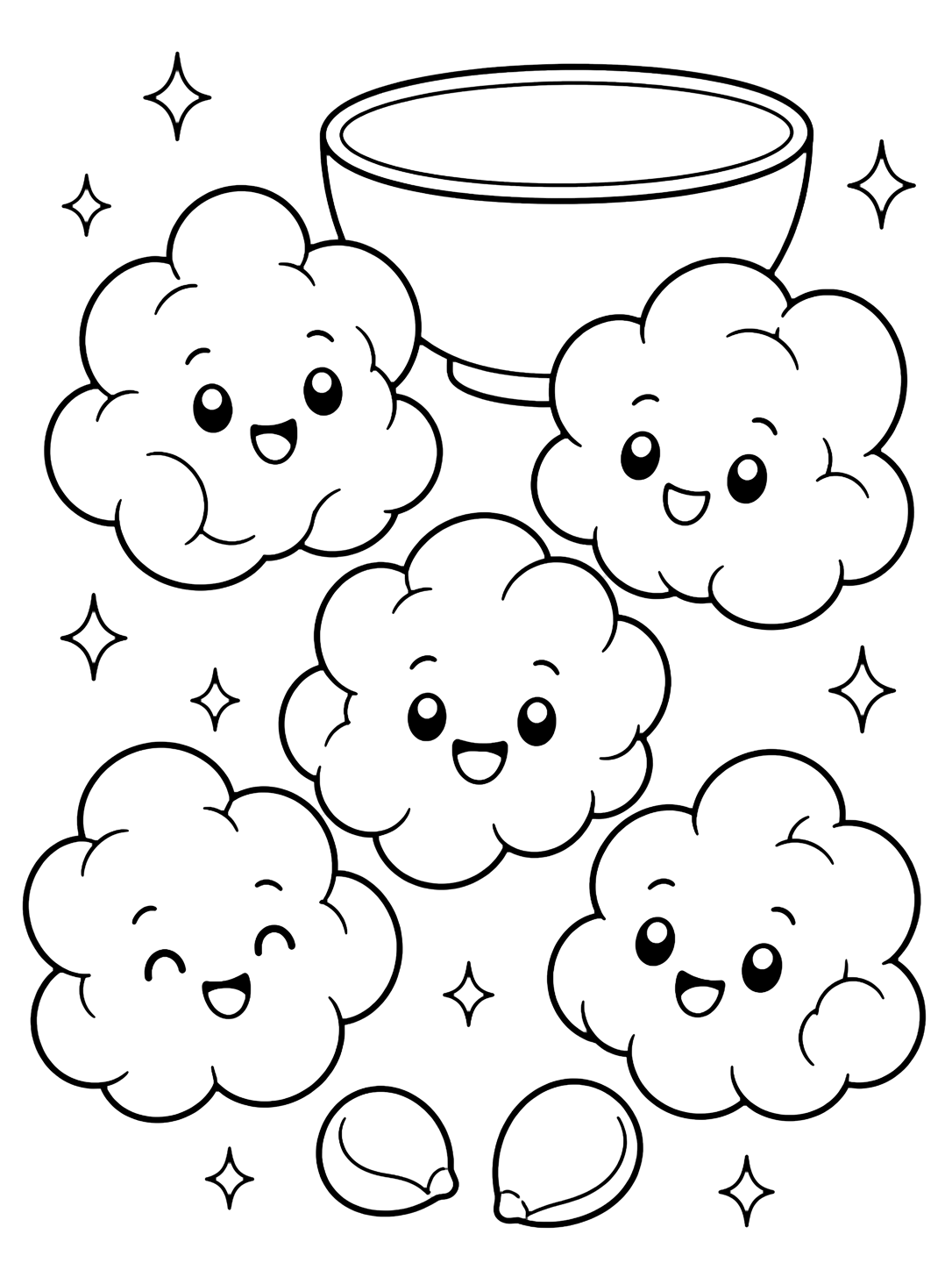 Disegno di popcorn da colorare con cinque grandi chicchi di popcorn come simpatici personaggi, due chicchi non scoppiati in basso, una piccola ciotola vuota e semplici dettagli luminosi. Adatto a bambini, stampa e colorazione online.