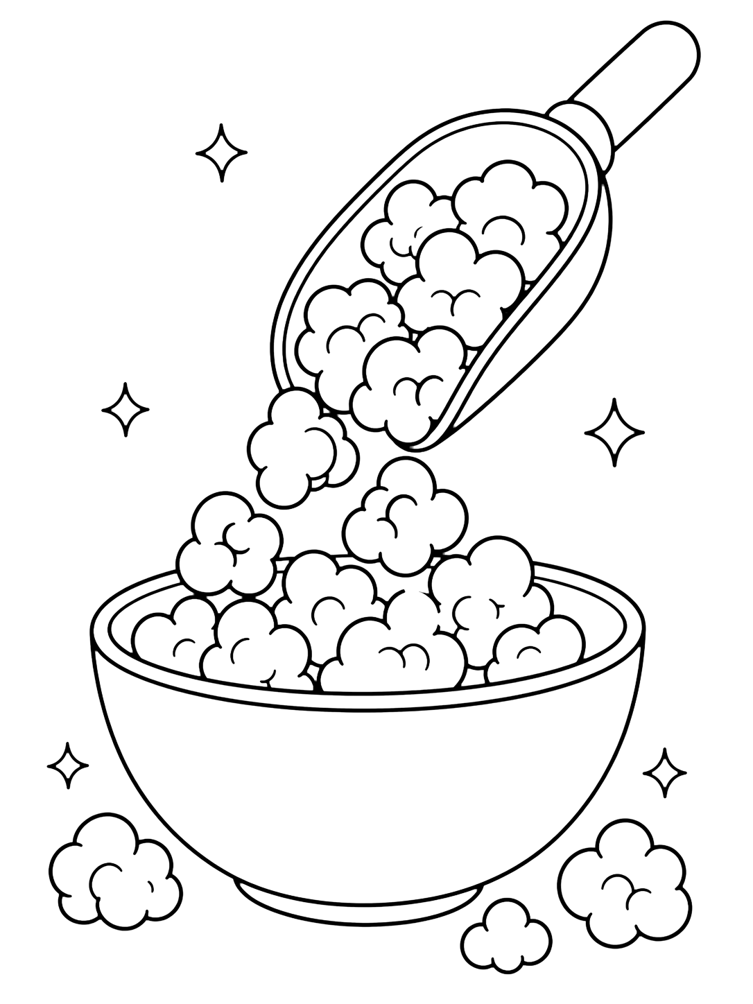 Disegno di popcorn da colorare con una grande paletta inclinata sopra una semplice ciotola rotonda che versa popcorn grandi e soffici, con alcuni pezzi sparsi e piccoli dettagli luminosi. Adatto a bambini, stampa e colorazione online.