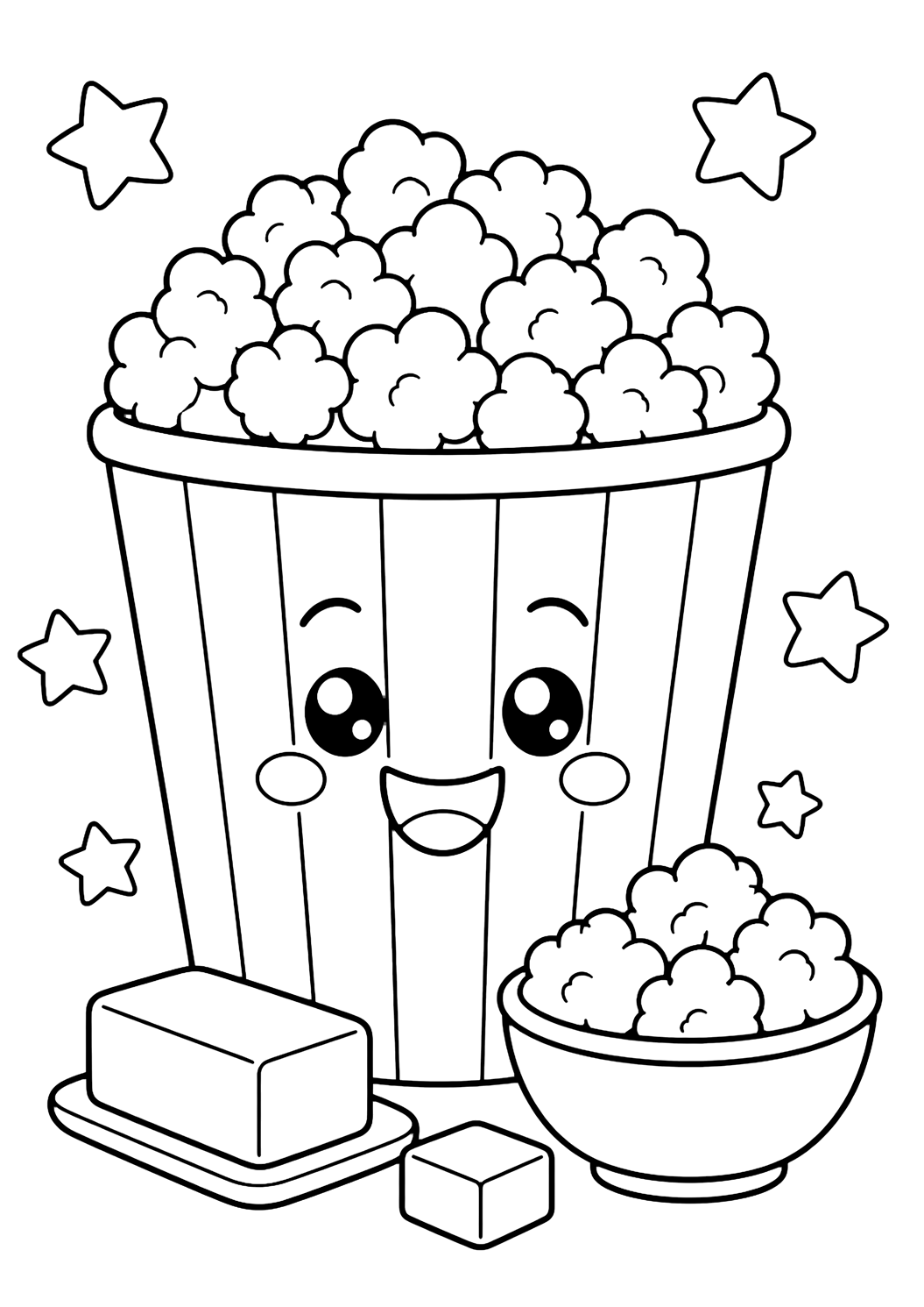 Disegno di snack da colorare con un grande secchio di popcorn senza testo, chicchi soffici, una piccola ciotola, forme di burro, stelle e una faccina sorridente. Adatto a bambini, stampa e colorazione online.