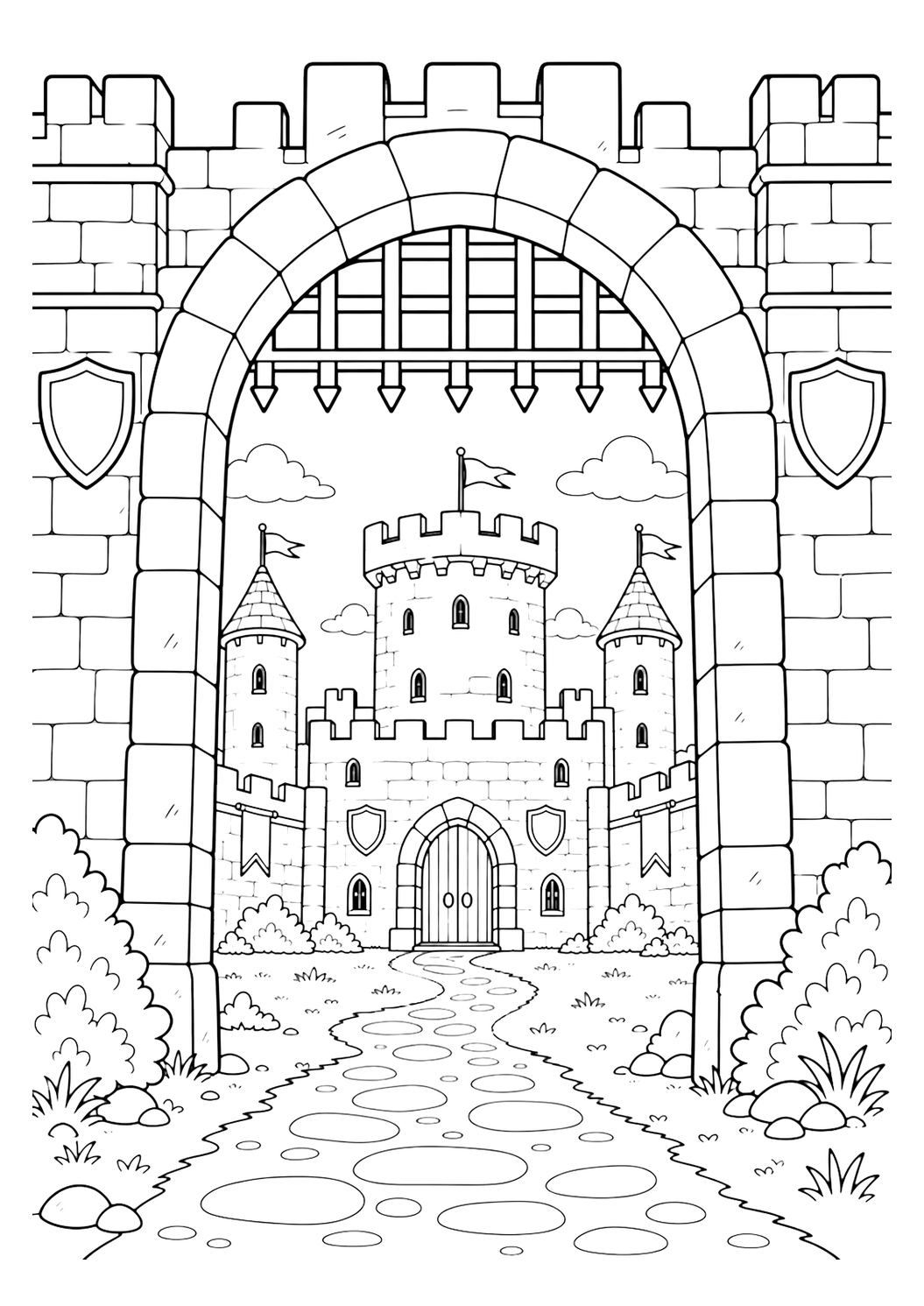 Coloriage de château médiéval vu par arche avec herse avec un château médiéval vu à travers une grande arche de pierre au premier plan avec une herse levée, le donjon intérieur visible au loin, deux tours fines à l'arrière, un simple chemin de cour, des créneaux, des boucliers et quelques buissons arrondis. Idéal pour enfants, impression, téléchargement et coloriage en ligne.