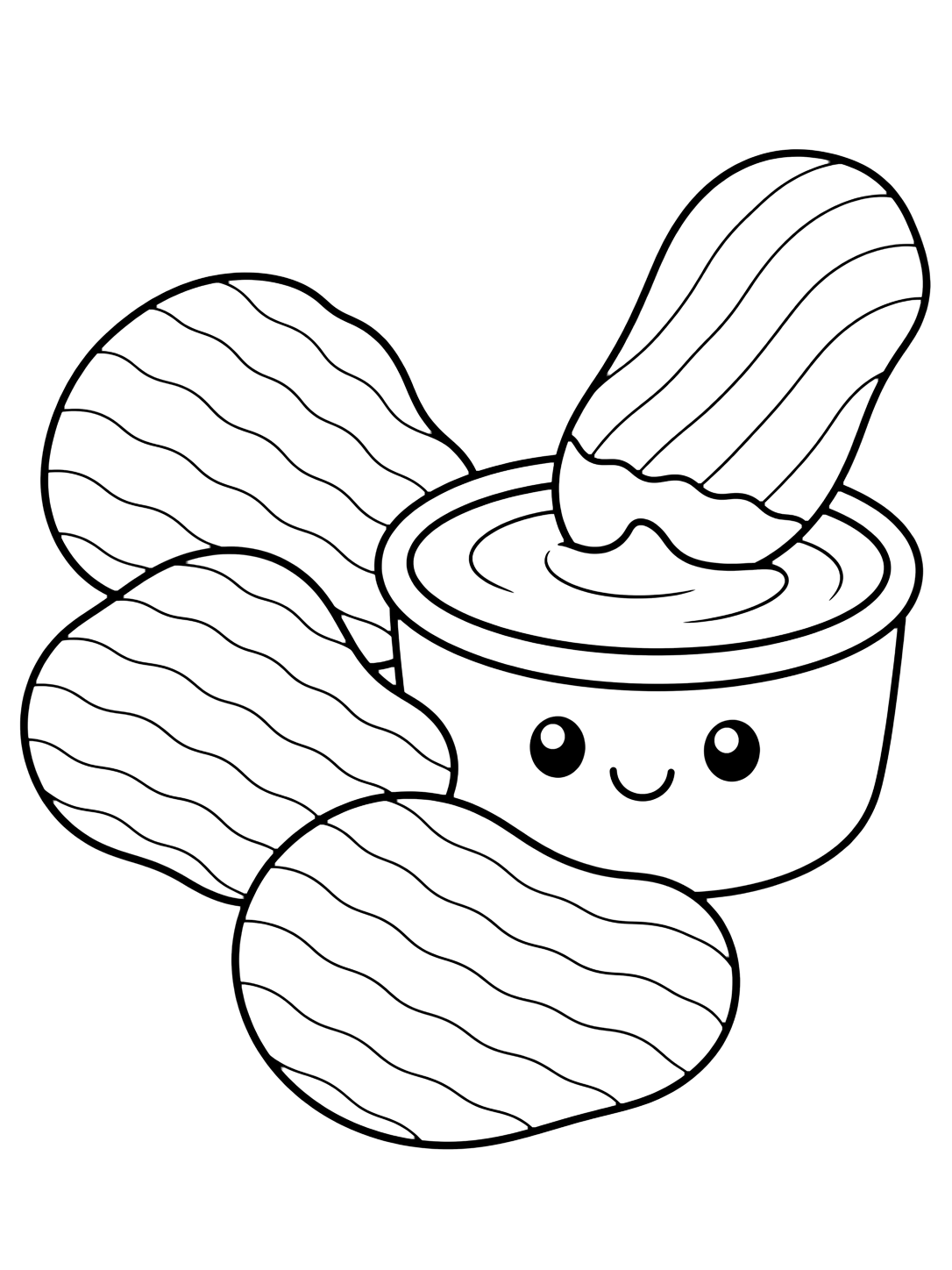 Página de patatas chips para colorear con varias patatas chips grandes junto a un vasito de salsa, una chip mojándose, líneas onduladas y una carita en el vasito. Ideal para niños, impresión y coloreado online.