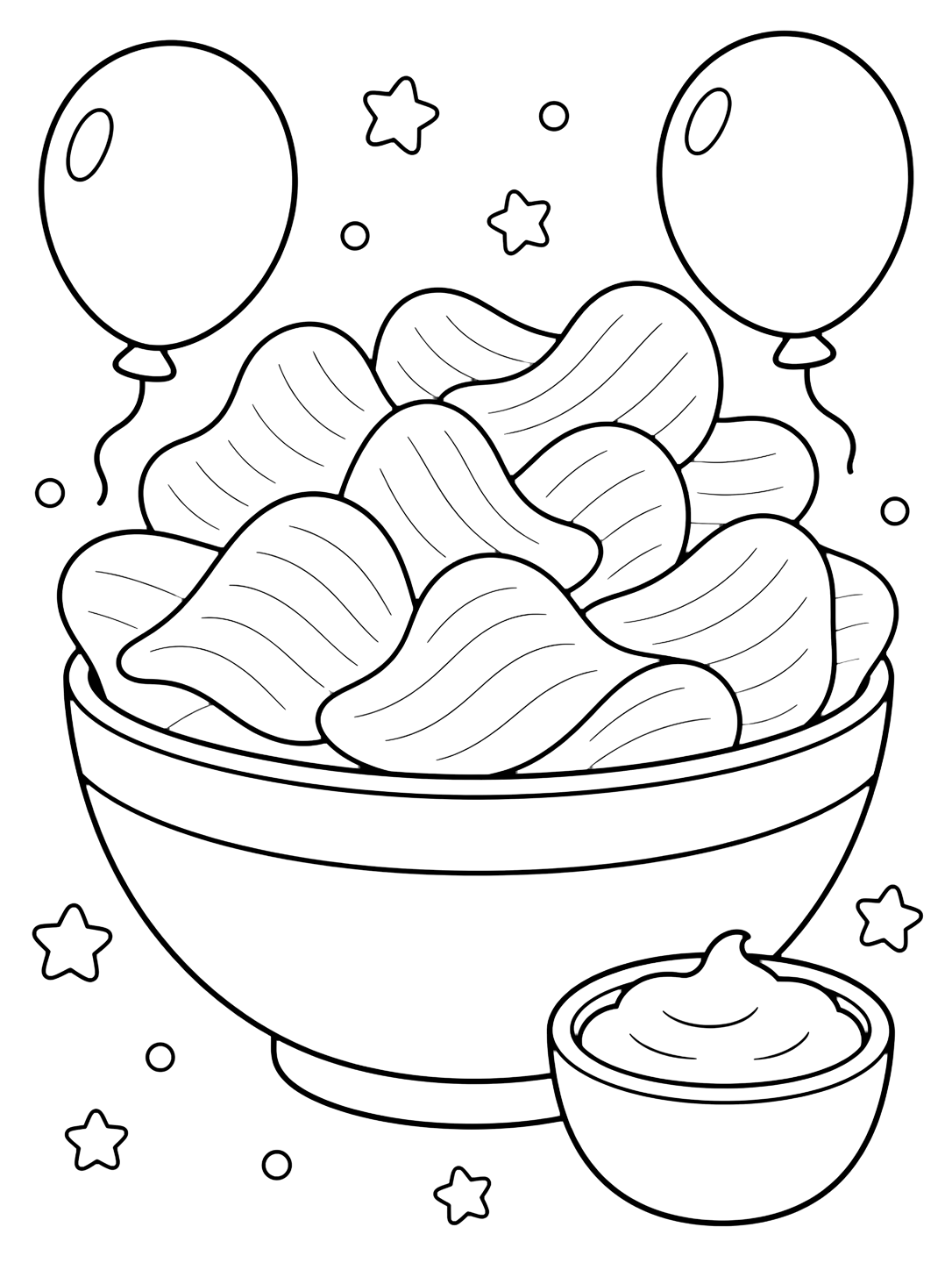 Página de patatas chips para colorear con un cuenco de fiesta lleno de patatas chips, dos globos, un cuenco pequeño de salsa y algunas estrellas de confeti. Ideal para niños, impresión y coloreado online.