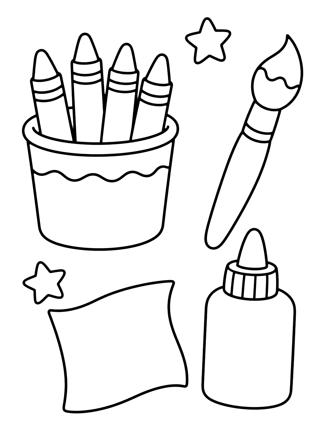 Картинка за оцветяване с големи doodle пособия за рисуване: чаша с пастели, четка, хартиена форма, лепило и две звезди. Подходяща за деца, училищни занимания, принтиране и онлайн оцветяване.