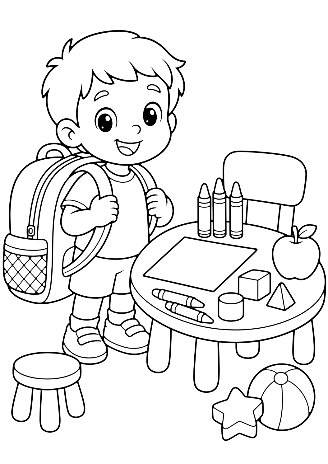 Ausmalbild mit ein sehr junges Kind mit großem Rucksack an einem niedrigen Klassentisch, dicken Wachsmalstiften, einfachen Formen, leerem Blatt und kleinem Apfel. Geeignet für Kinder, Schulstart, Ausdrucke und Online-Ausmalen.