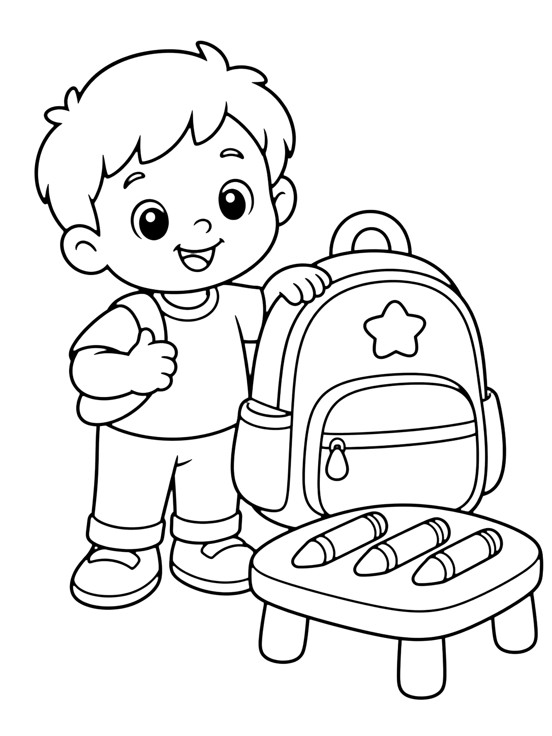 Ausmalbild mit ein sehr junges Kind neben einem großen Rucksack und drei dicken Wachsmalstiften auf einem niedrigen Klassentisch. Geeignet für Kinder, Schulstart, Ausdrucke und Online-Ausmalen.