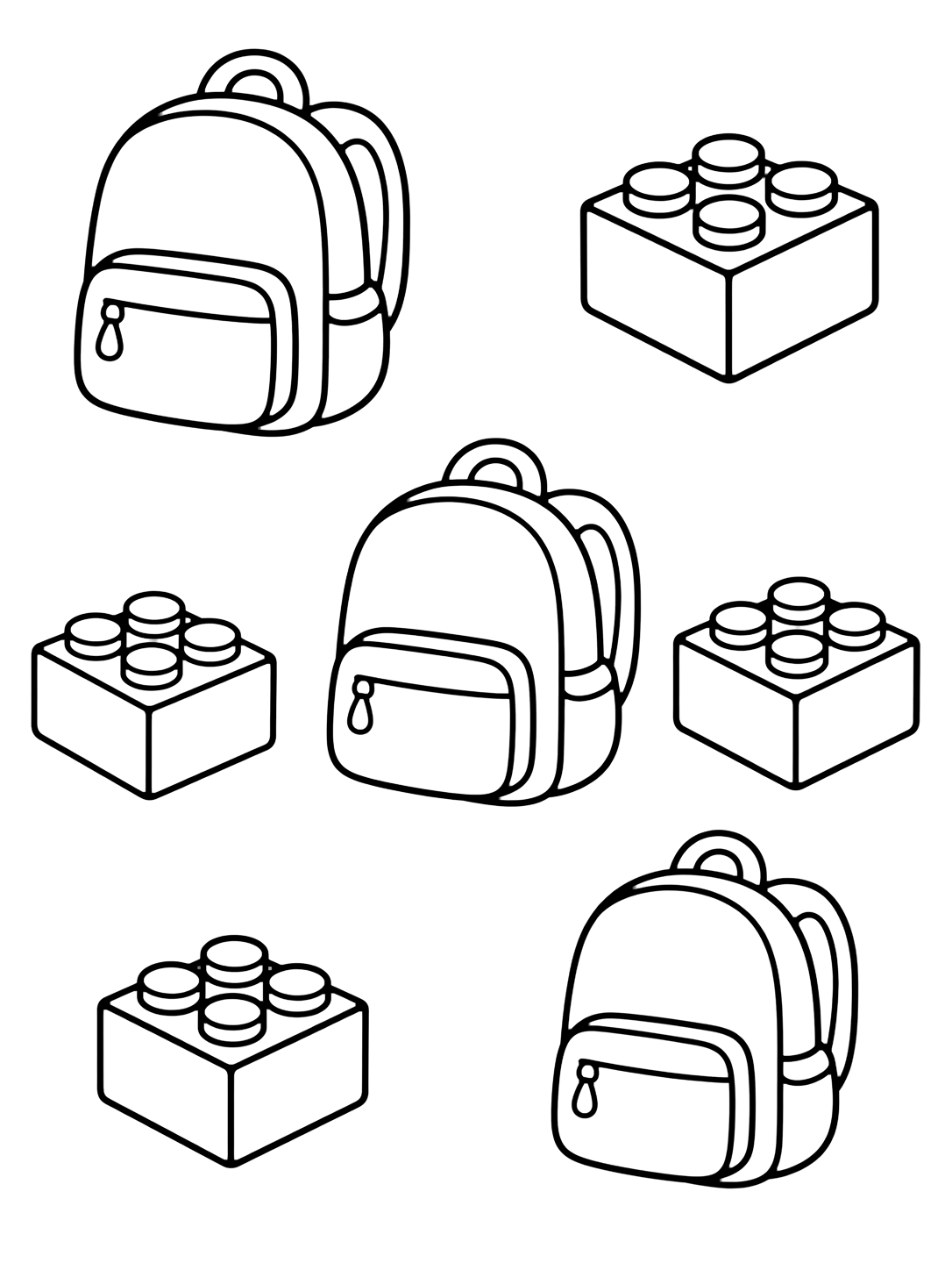 pre-k blocks and backpack pattern coloring page with a loose repeating pattern with simple backpacks and large blank building blocks for kids