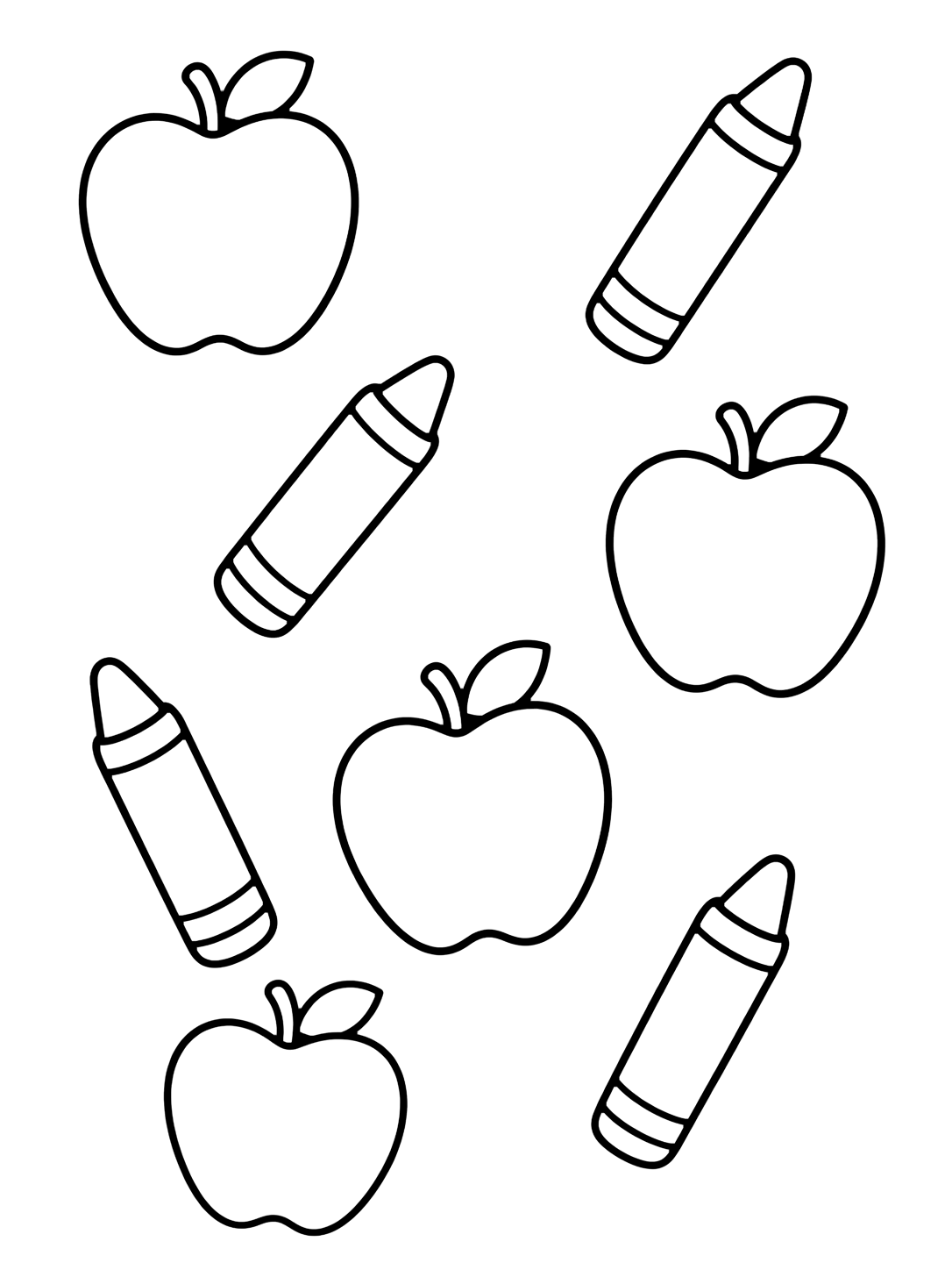 pre-k crayon and apple pattern coloring page with a spacious pattern of large chunky crayons and apples with plenty of white space for kids