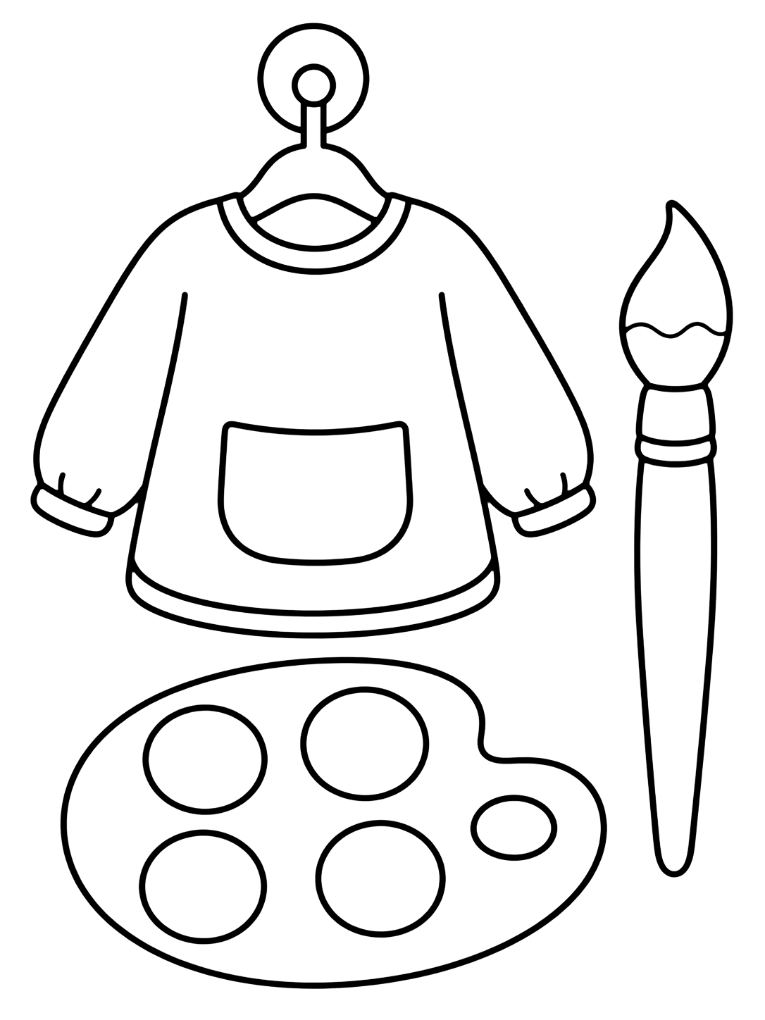 pre-k paint smock and brush coloring page with one child-size paint smock hanging on a low hook, one big paintbrush, and a simple paint palette for kids