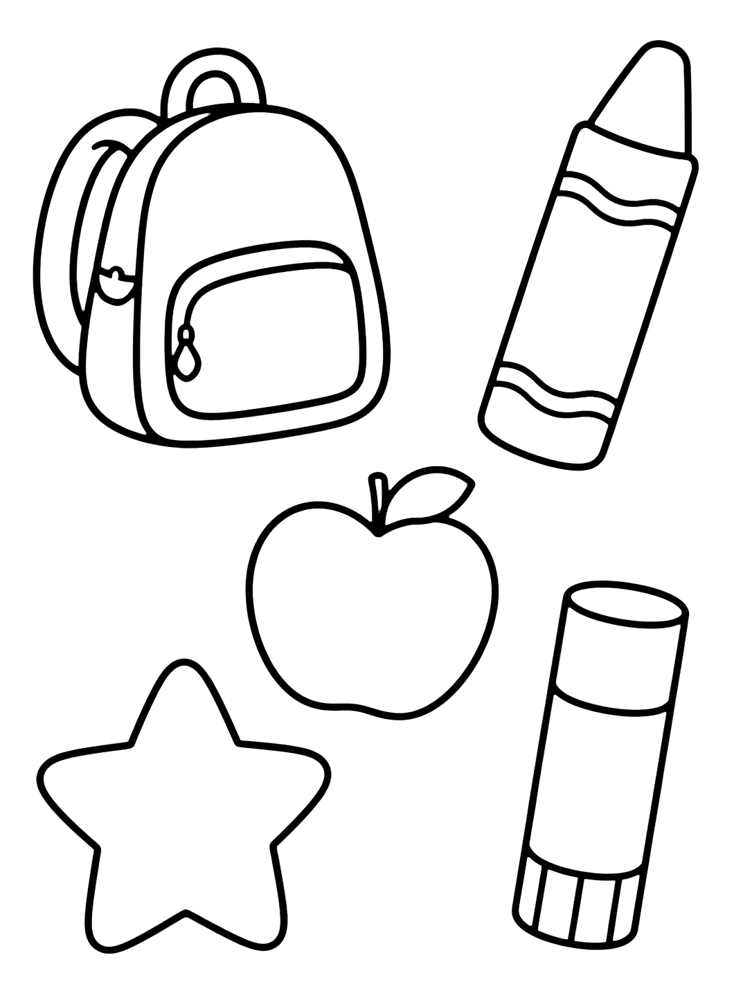 pre-k school doodle icons coloring page with large spaced doodle icons of a backpack, chunky crayon, apple, star, and simple glue stick for kids