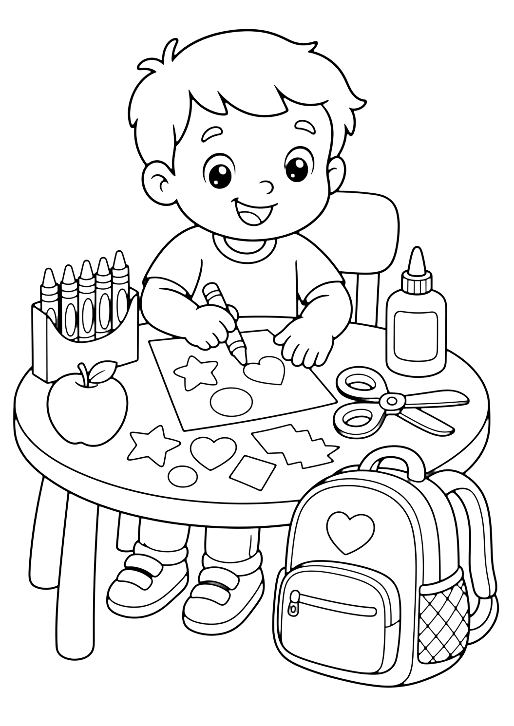 Coloriage avec un enfant de maternelle à une petite table avec gros crayons, colle, ciseaux sécurisés, formes de papier, sac à dos et pomme. Idéal pour enfants, rentrée scolaire, impression et coloriage en ligne.