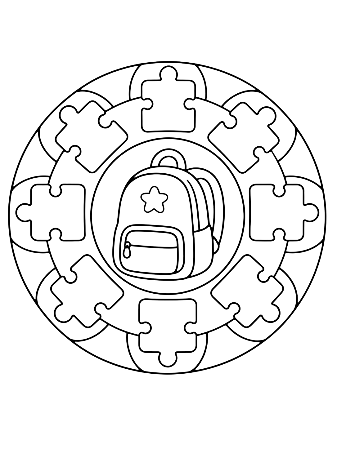 Coloriage avec un mandala rond simple avec un grand sac au centre et de grandes pièces de puzzle vides autour. Idéal pour enfants, rentrée scolaire, impression et coloriage en ligne.