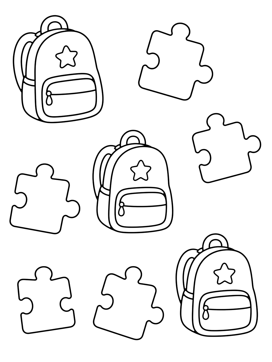 Coloriage avec un motif aéré avec des sacs simples et de grandes pièces de puzzle vides. Idéal pour enfants, rentrée scolaire, impression et coloriage en ligne.