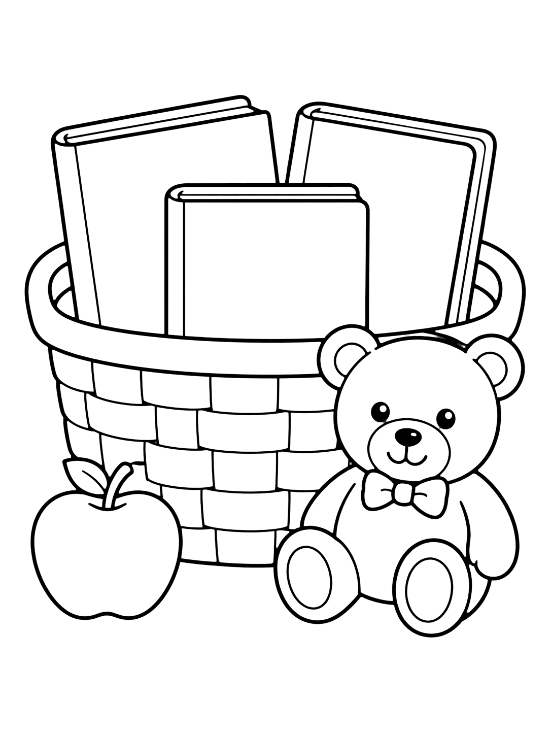 Coloriage avec un grand panier avec trois livres à couvertures vides, un ourson et une pomme. Idéal pour enfants, rentrée scolaire, impression et coloriage en ligne.