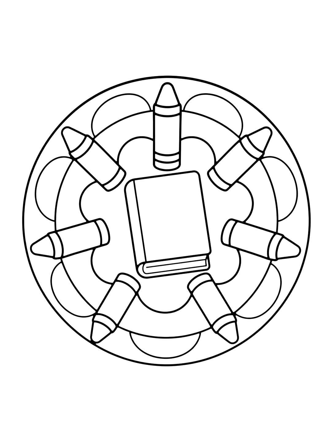 Coloriage avec un mandala rond simple avec un livre vide au centre et de gros crayons autour. Idéal pour enfants, rentrée scolaire, impression et coloriage en ligne.