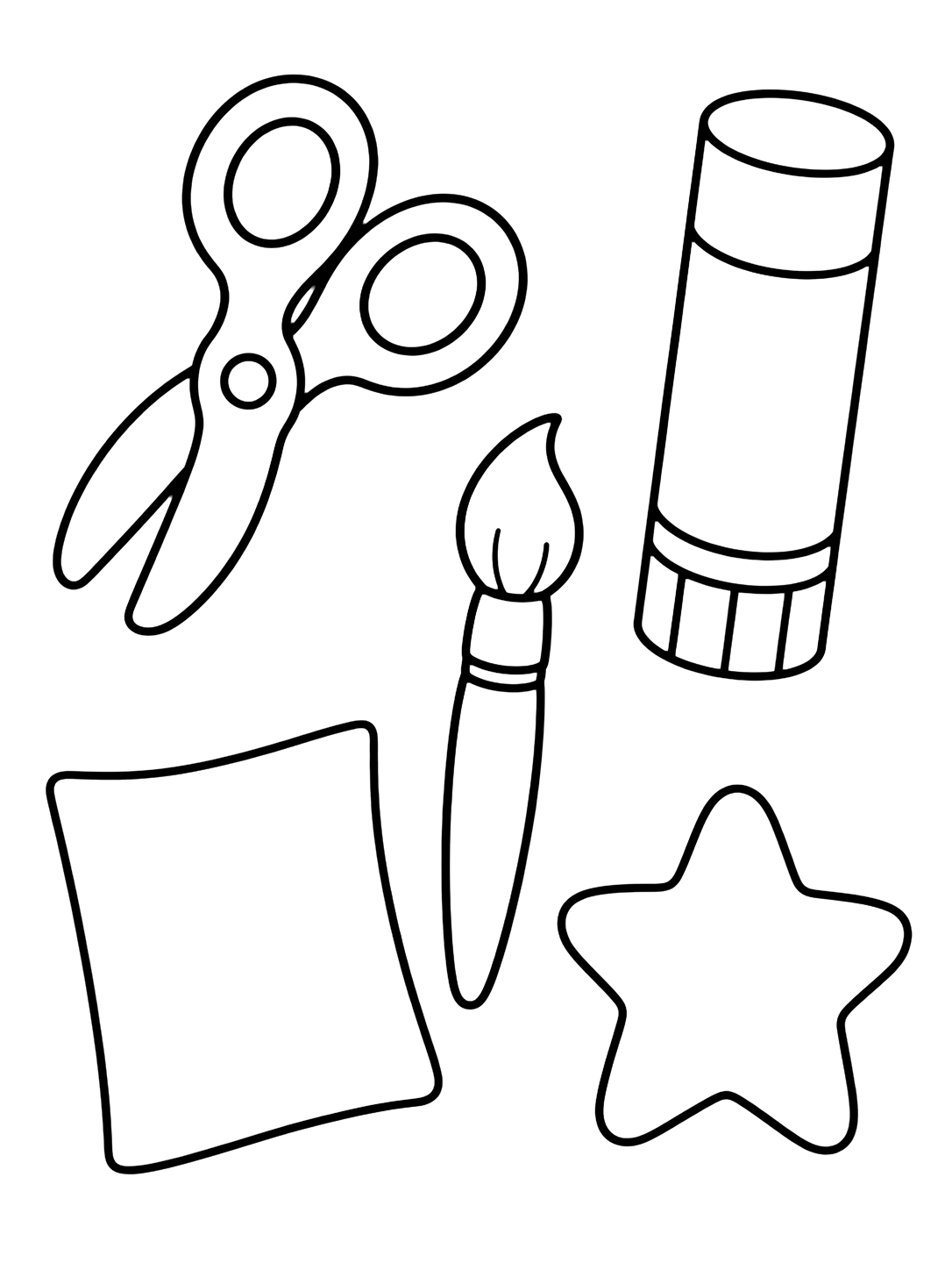 Coloriage avec de grandes icônes doodle de ciseaux, colle, pinceau, forme de papier vide et étoile. Idéal pour enfants, rentrée scolaire, impression et coloriage en ligne.