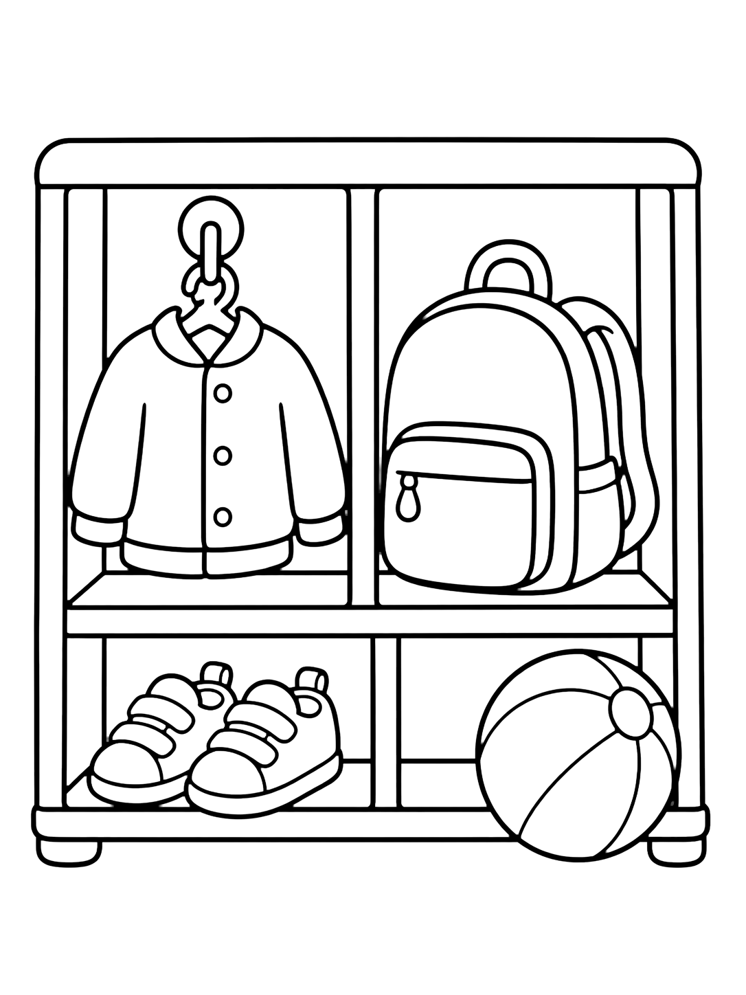 Coloriage avec un casier bas avec une petite veste, un sac à dos, des chaussures dessous et un ballon à côté. Idéal pour enfants, rentrée scolaire, impression et coloriage en ligne.