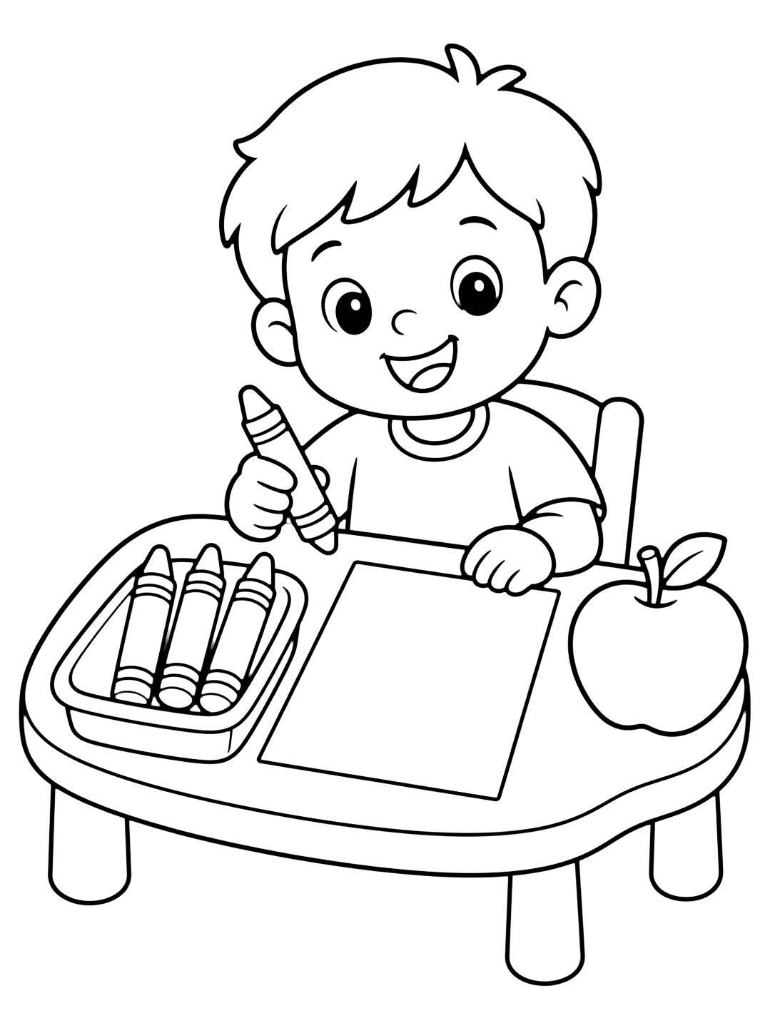 Coloriage avec un enfant souriant à une table basse avec plateau, trois gros crayons, feuille vide et pomme. Idéal pour enfants, rentrée scolaire, impression et coloriage en ligne.