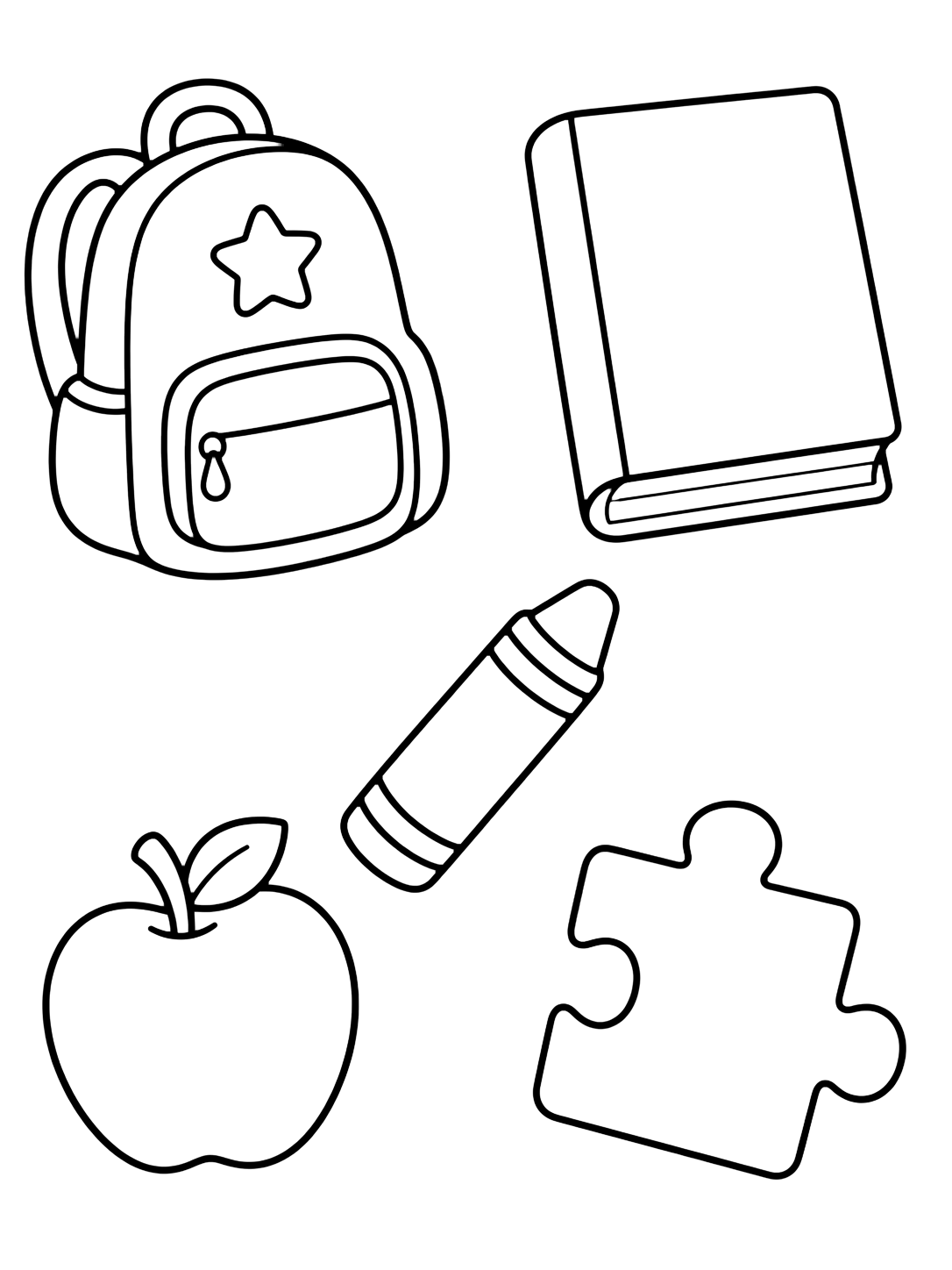 Картинка за оцветяване с големи раздалечени doodle икони на раница, празна книжка, дебел пастел, ябълка и пъзел част. Подходяща за деца, училищни занимания, принтиране и онлайн оцветяване.