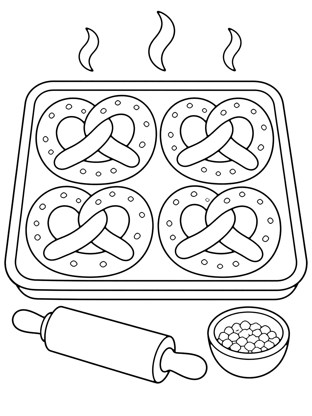 Disegno di pretzel da colorare con una teglia con quattro pretzel morbidi, un piccolo mattarello, una ciotola di sale grosso e semplici curve di vapore. Adatto a bambini, stampa e colorazione online.