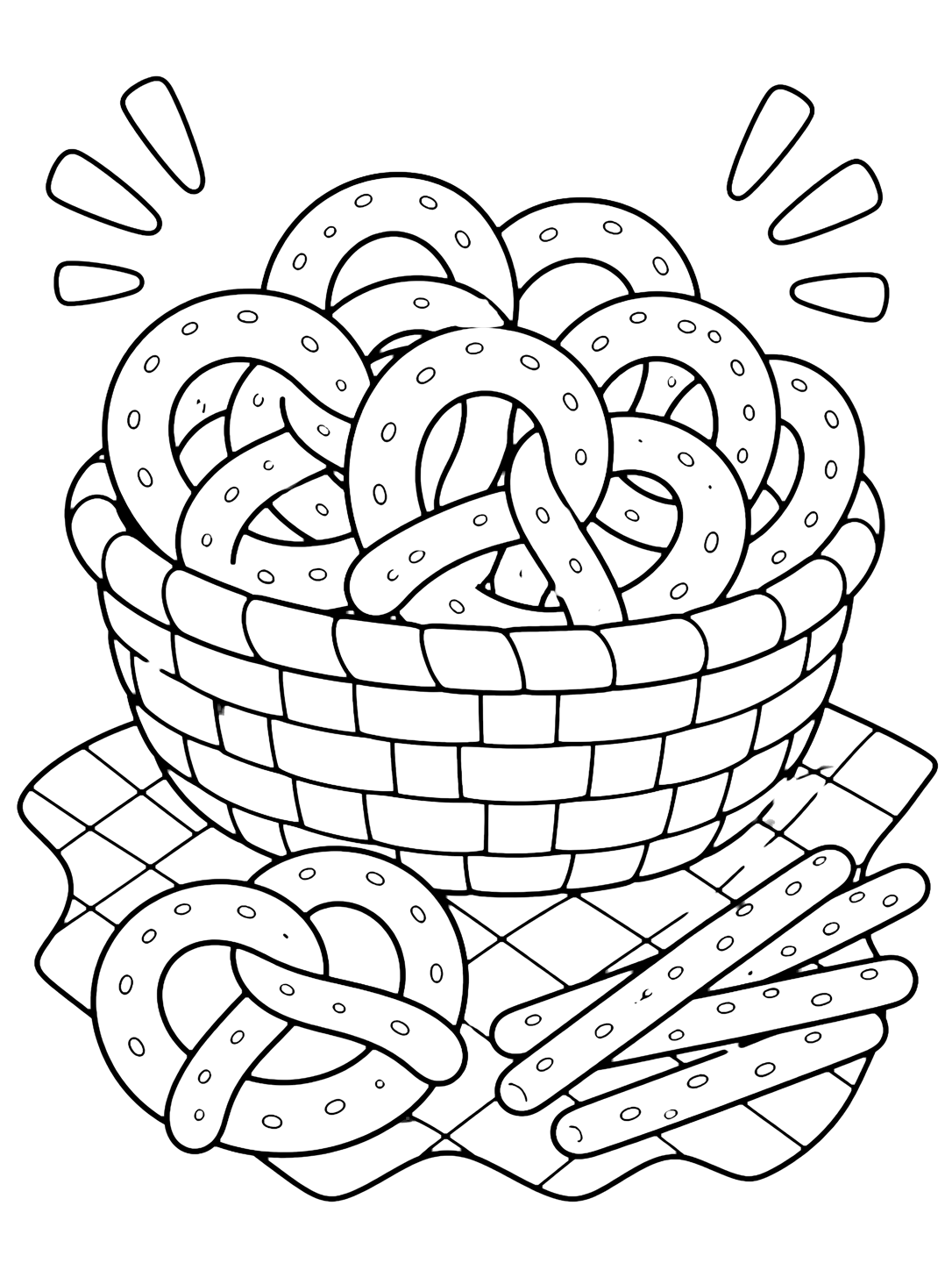 Disegno di pretzel da colorare con un piccolo cestino intrecciato pieno di pretzel morbidi, un panno a quadri, alcuni bastoncini di pretzel e dettagli allegri. Adatto a bambini, stampa e colorazione online.