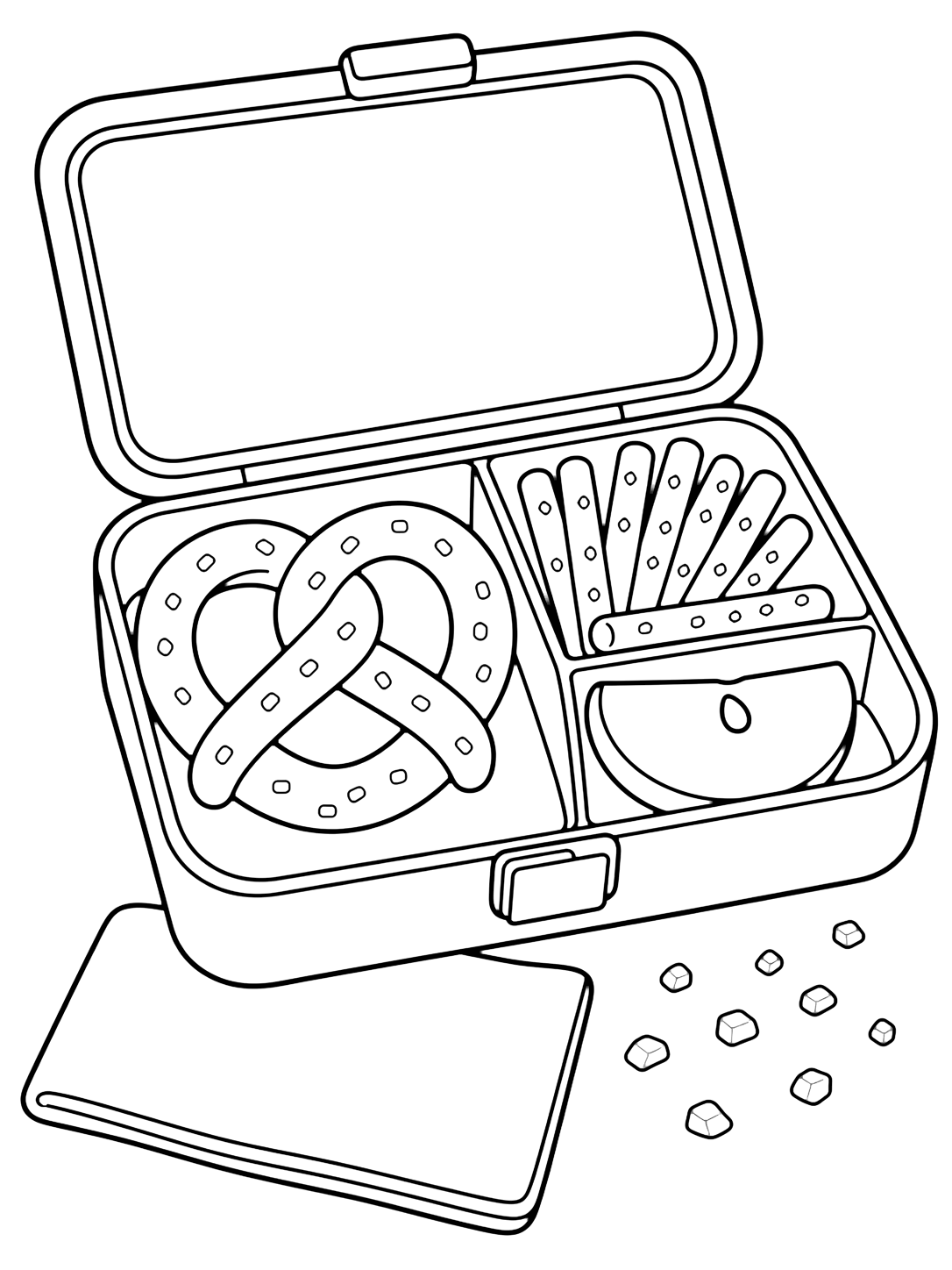Disegno di pretzel da colorare con una lunch box aperta con un pretzel morbido in uno scomparto, bastoncini di pretzel in un altro, mela, tovagliolo vuoto e sale. Adatto a bambini, stampa e colorazione online.