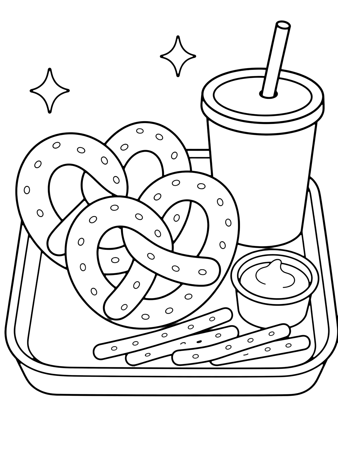Brezel-Ausmalbild mit ein Kino-Snacktablett mit zwei großen weichen Brezeln, einem leeren Becher mit Strohhalm, Käsedip, Brezelstangen und Sternen. Geeignet für Kinder, Ausdrucke und Online-Ausmalen.