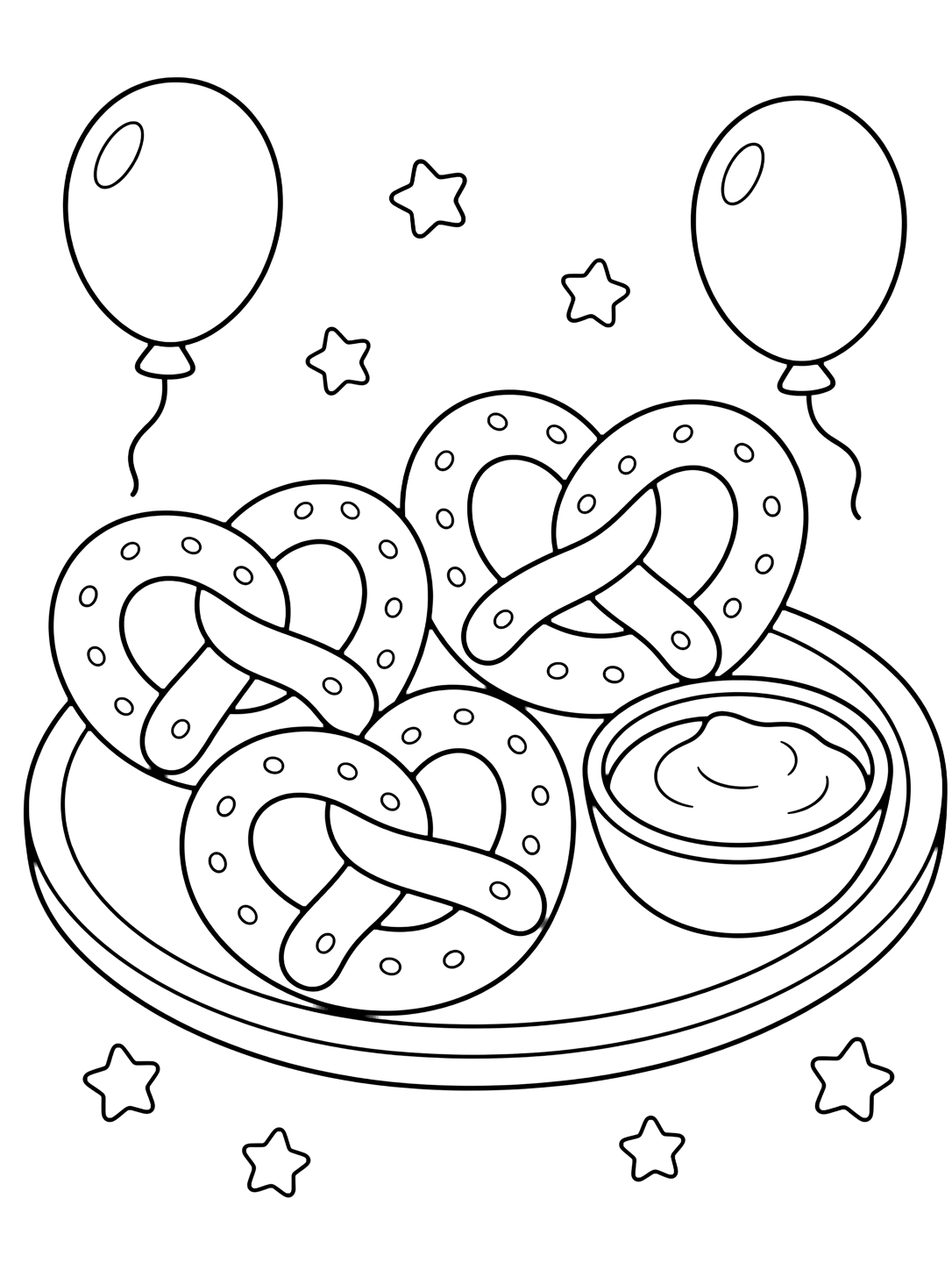 Página de pretzels para colorear con una bandeja de fiesta con tres pretzels blandos, un cuenco pequeño de queso, dos globos y estrellas de confeti. Ideal para niños, impresión y coloreado online.