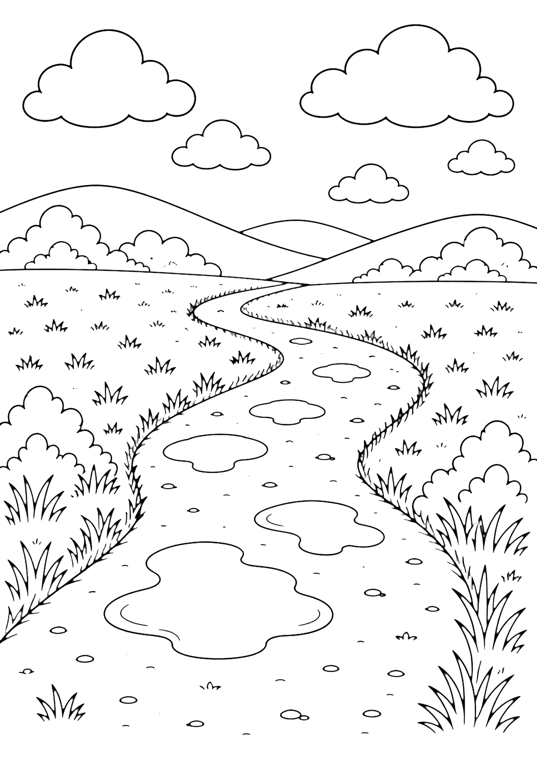 country road puddles coloring page with a country road after rain with rounded puddles, grassy fields, low hills, simple bushes, large rain clouds, and open sky for kids