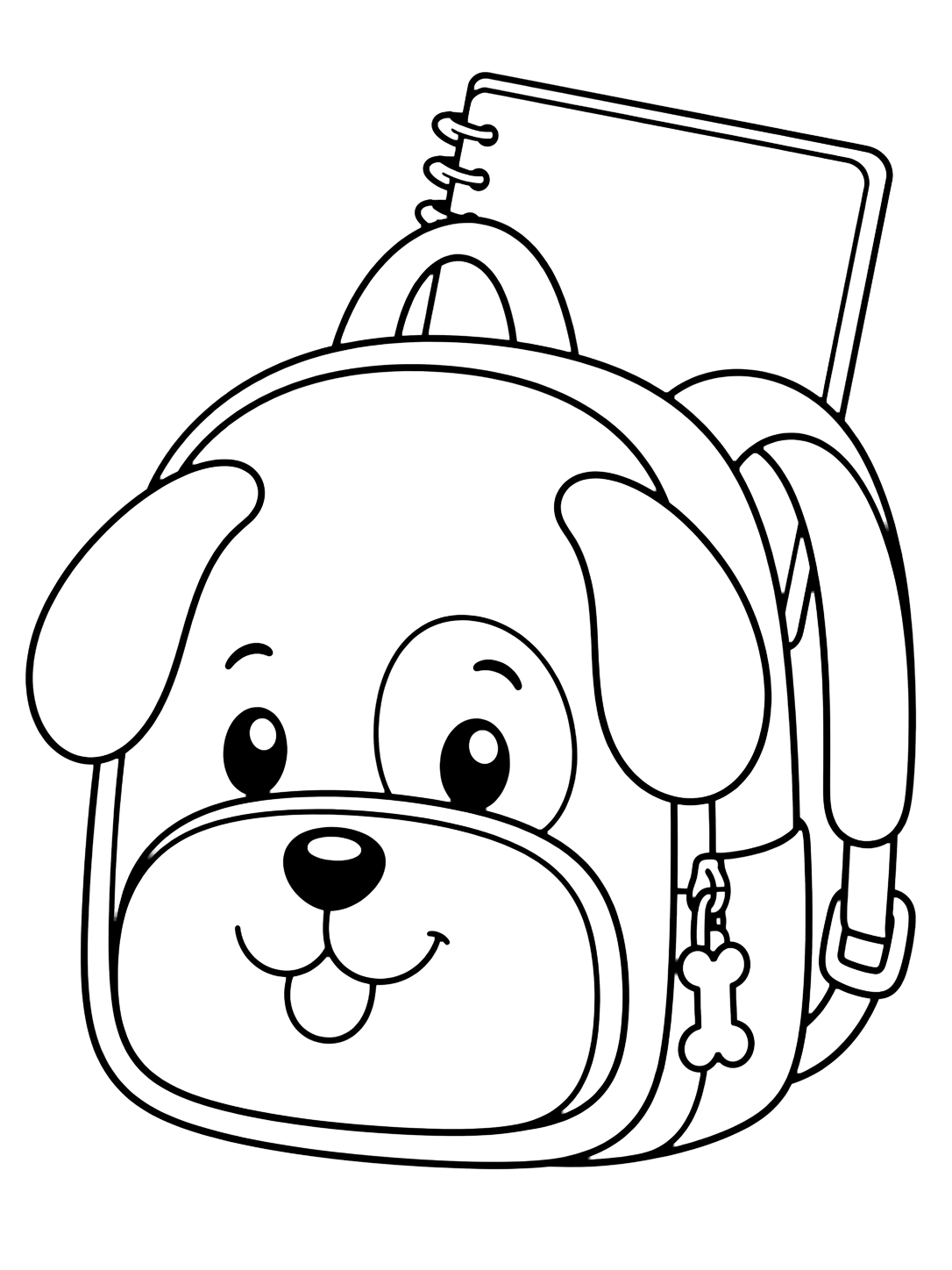 Dibujo para colorear con el motivo «mochila de perrito» con bolsillos grandes, cremalleras y detalles escolares sencillos. Ideal para niños, actividades escolares, impresión y coloreado online.