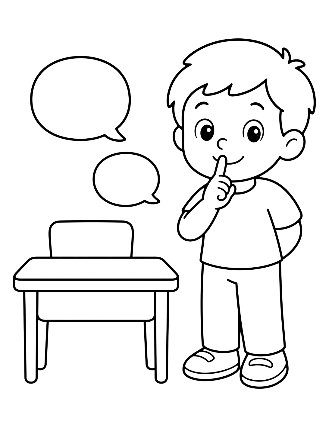 quiet voice classroom rule coloring page with one child making a gentle quiet gesture beside a small desk and empty speech bubbles for kids