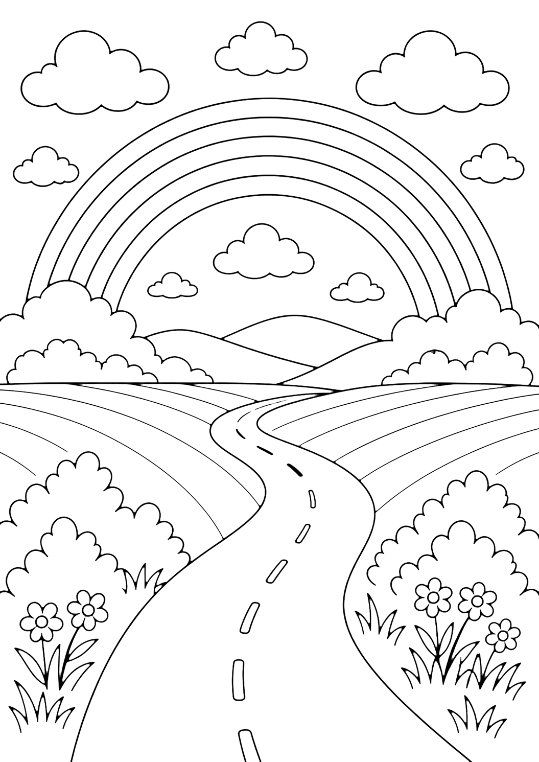 rainbow country road coloring page with a country road under a large rainbow, open fields on both sides, low hills, simple bushes, broad clouds, and open sky for kids